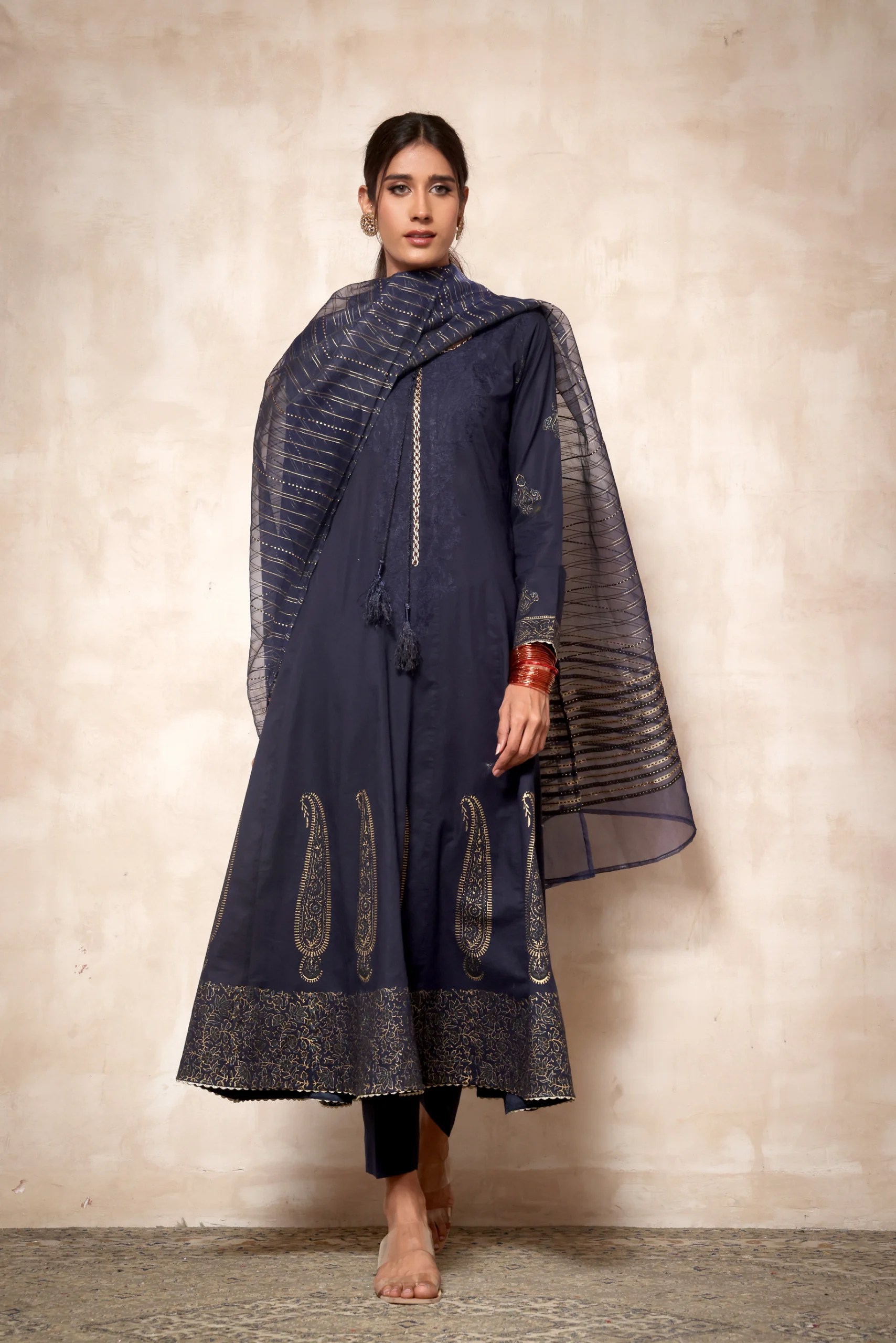 Pakistani Royal Blue Block Print Cotton Long Dress (3-Piece) - Image 1