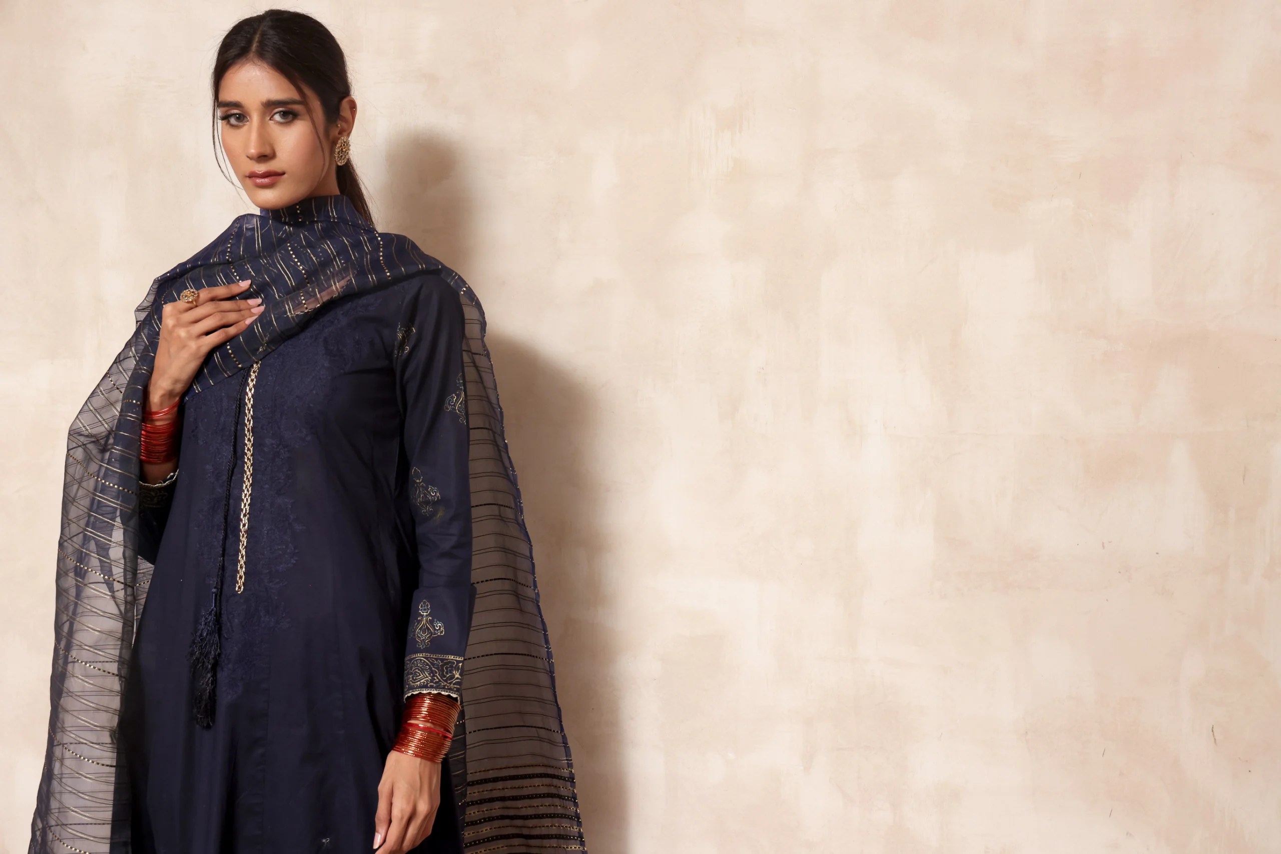 Pakistani Royal Blue Block Print Cotton Long Dress (3-Piece) - Image 2