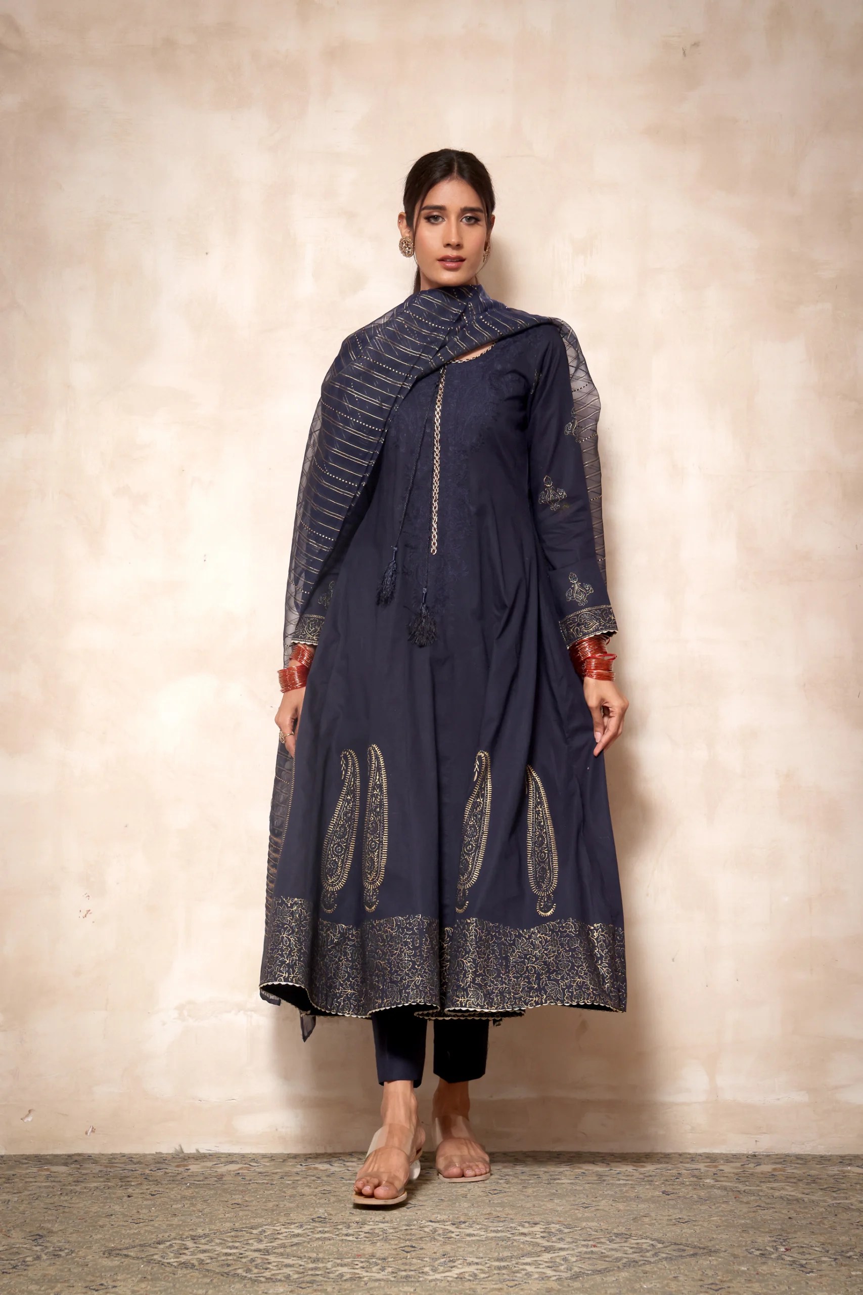 Pakistani Royal Blue Block Print Cotton Long Dress (3-Piece) - Image 3