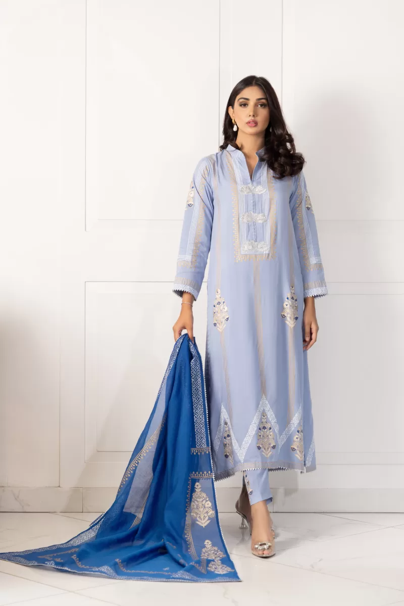 Pakistani Light Blue Block Printed Cotton Salwar Kameez (3-Piece) - Image 2