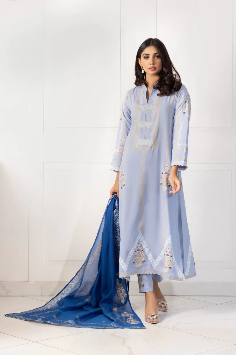 Pakistani Light Blue Block Printed Cotton Salwar Kameez (3-Piece) - Image 3