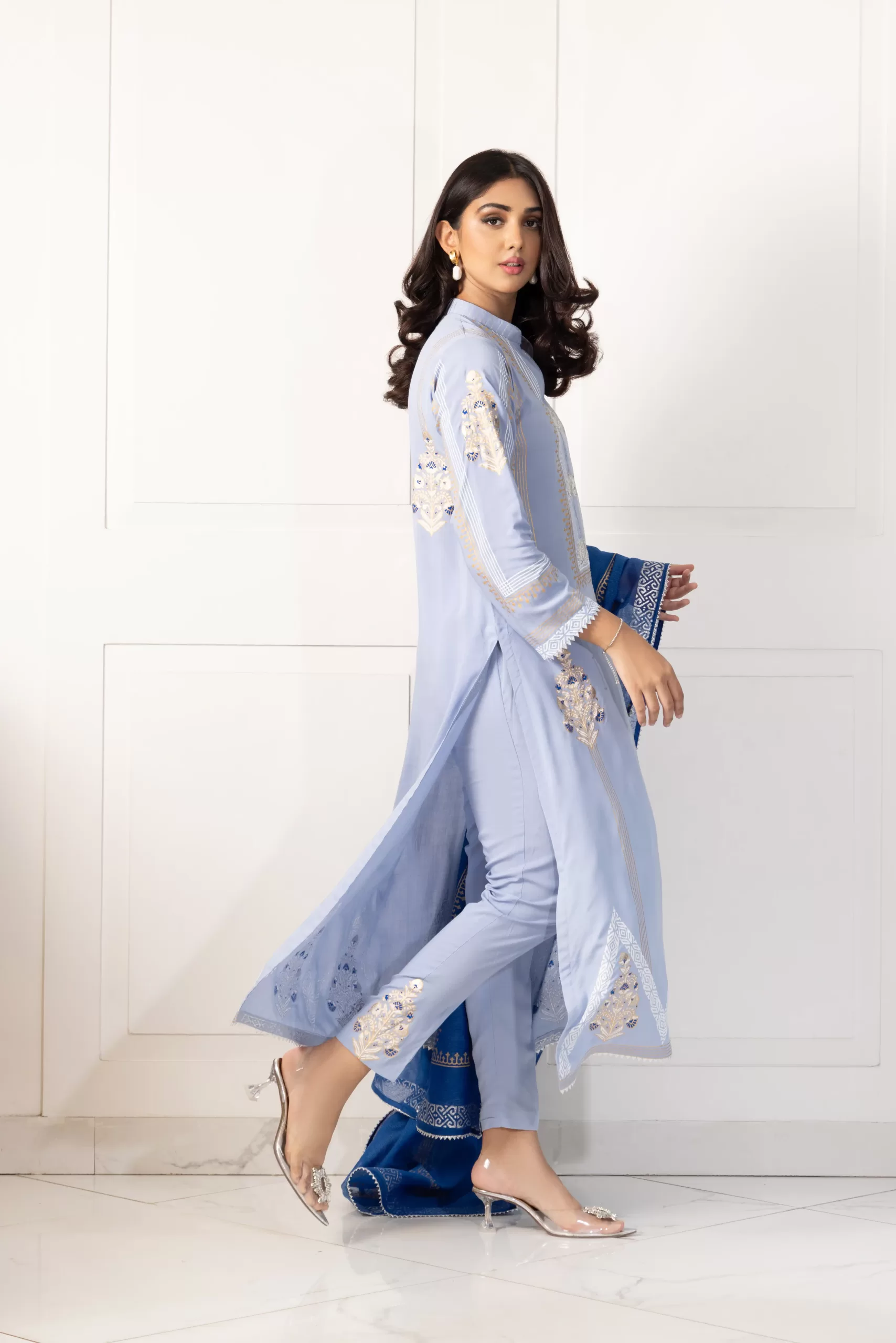 Pakistani Light Blue Block Printed Cotton Salwar Kameez (3-Piece) - Image 4