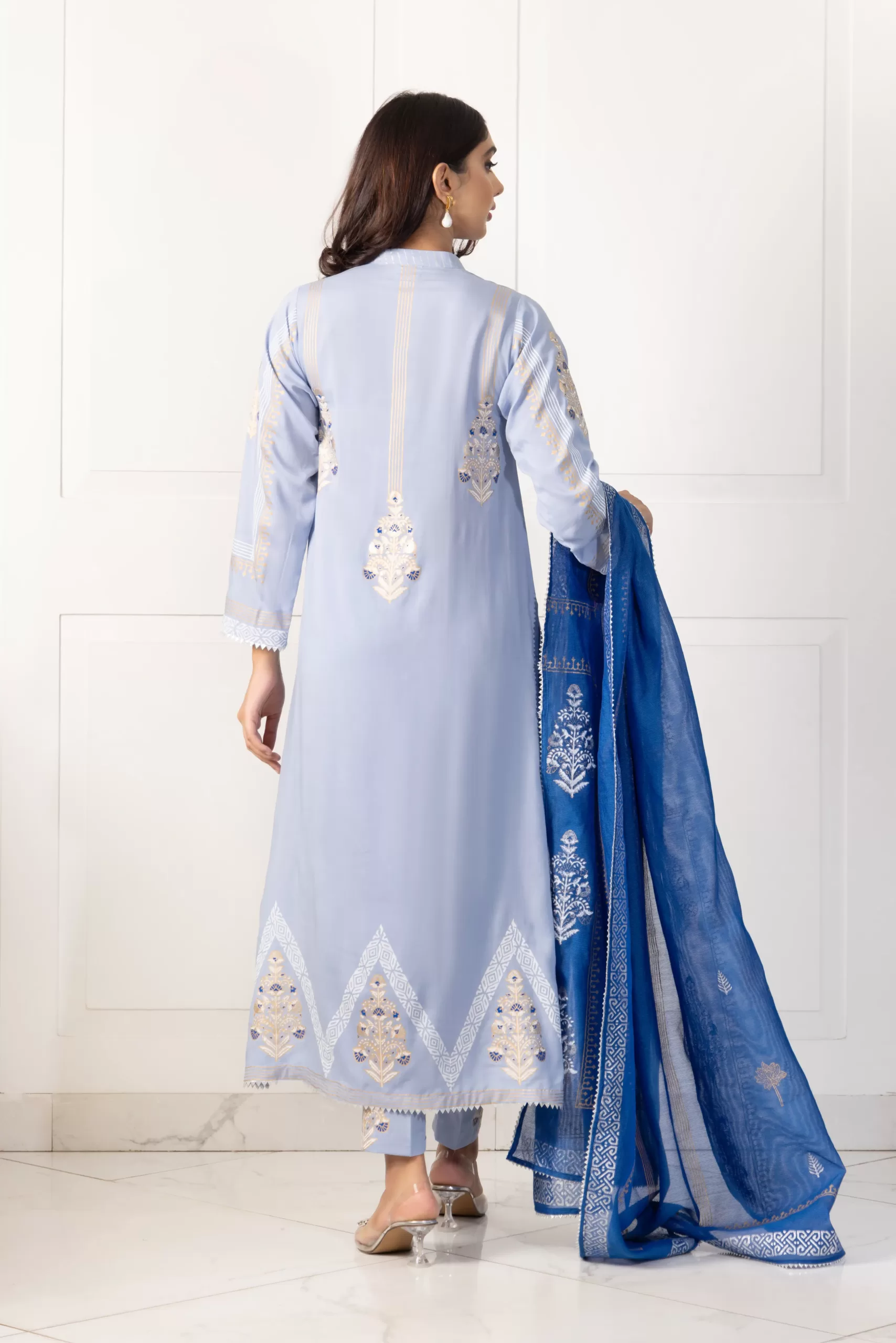 Pakistani Light Blue Block Printed Cotton Salwar Kameez (3-Piece) - Image 5