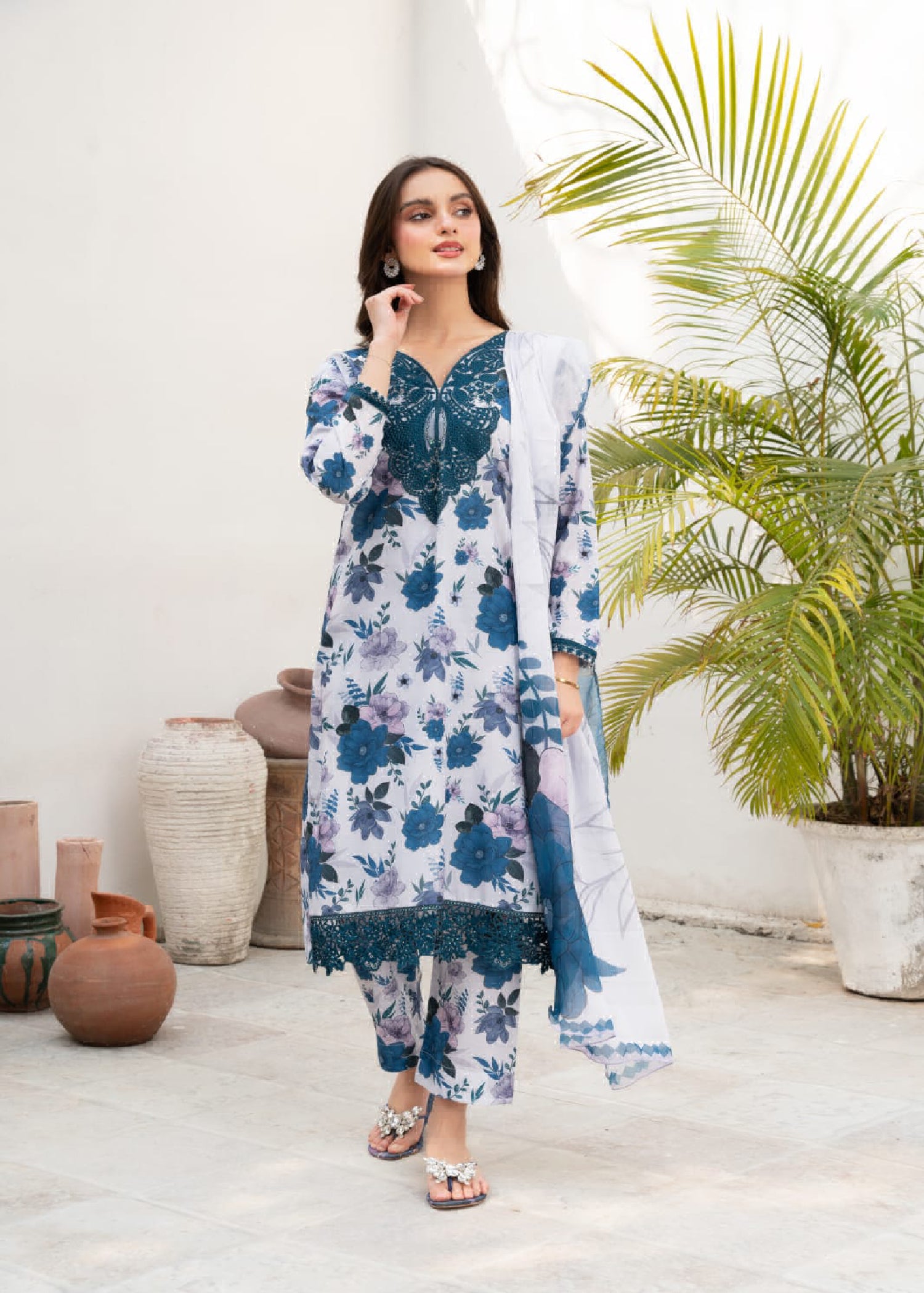 Pakistani Light Blue Embroidered Cotton Kurta Set (3-Piece) - Image 1