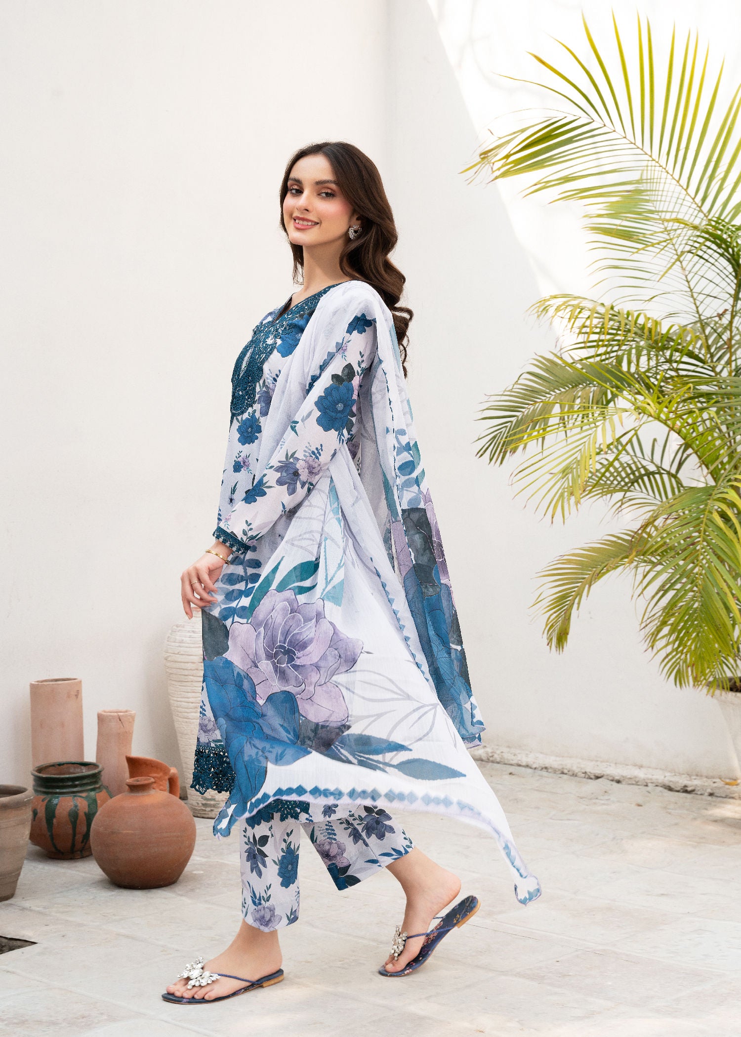 Pakistani Light Blue Embroidered Cotton Kurta Set (3-Piece) - Image 2