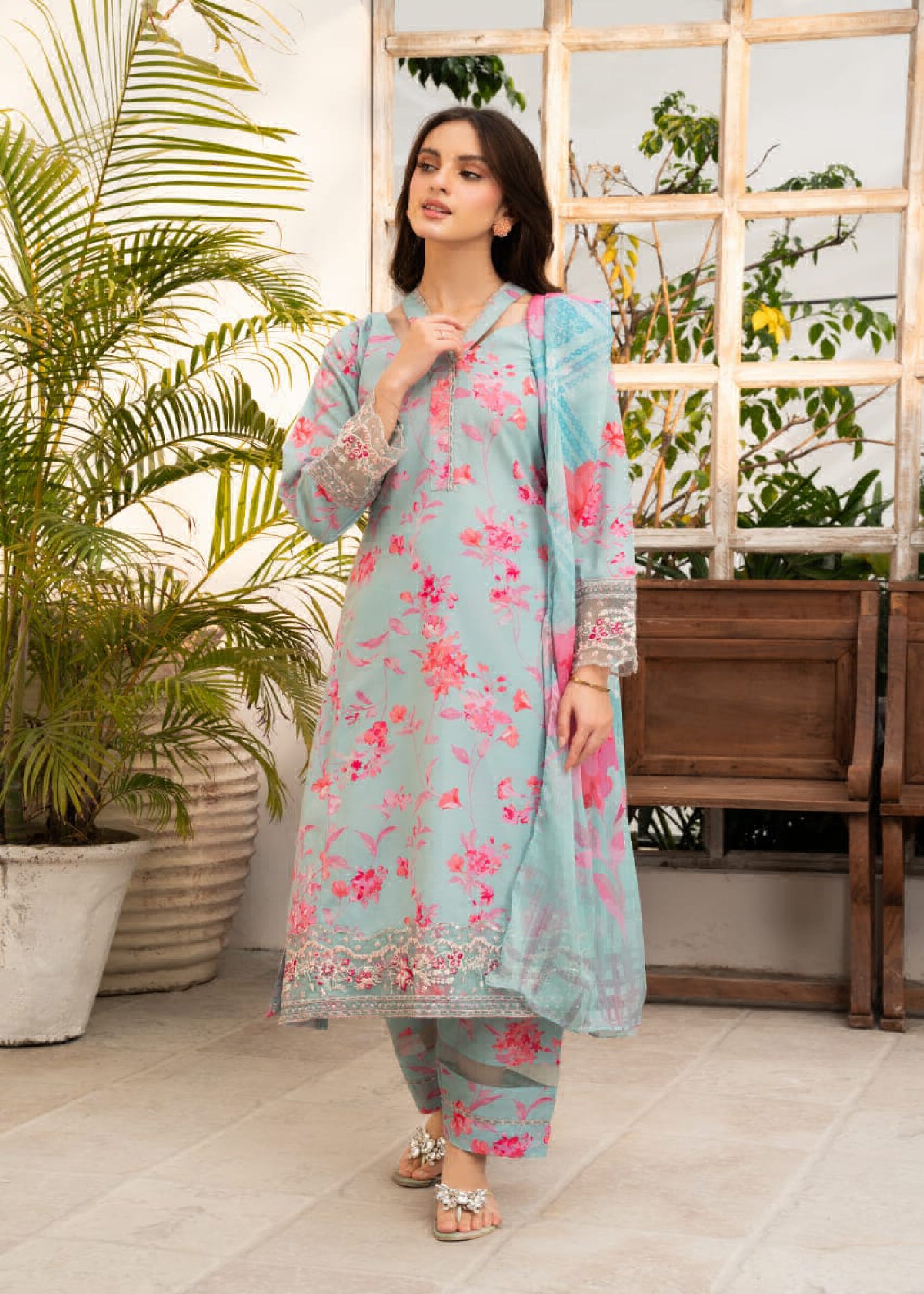 Sky Blue Embroidered Cotton Kurta Set (3-Piece) - Image 1