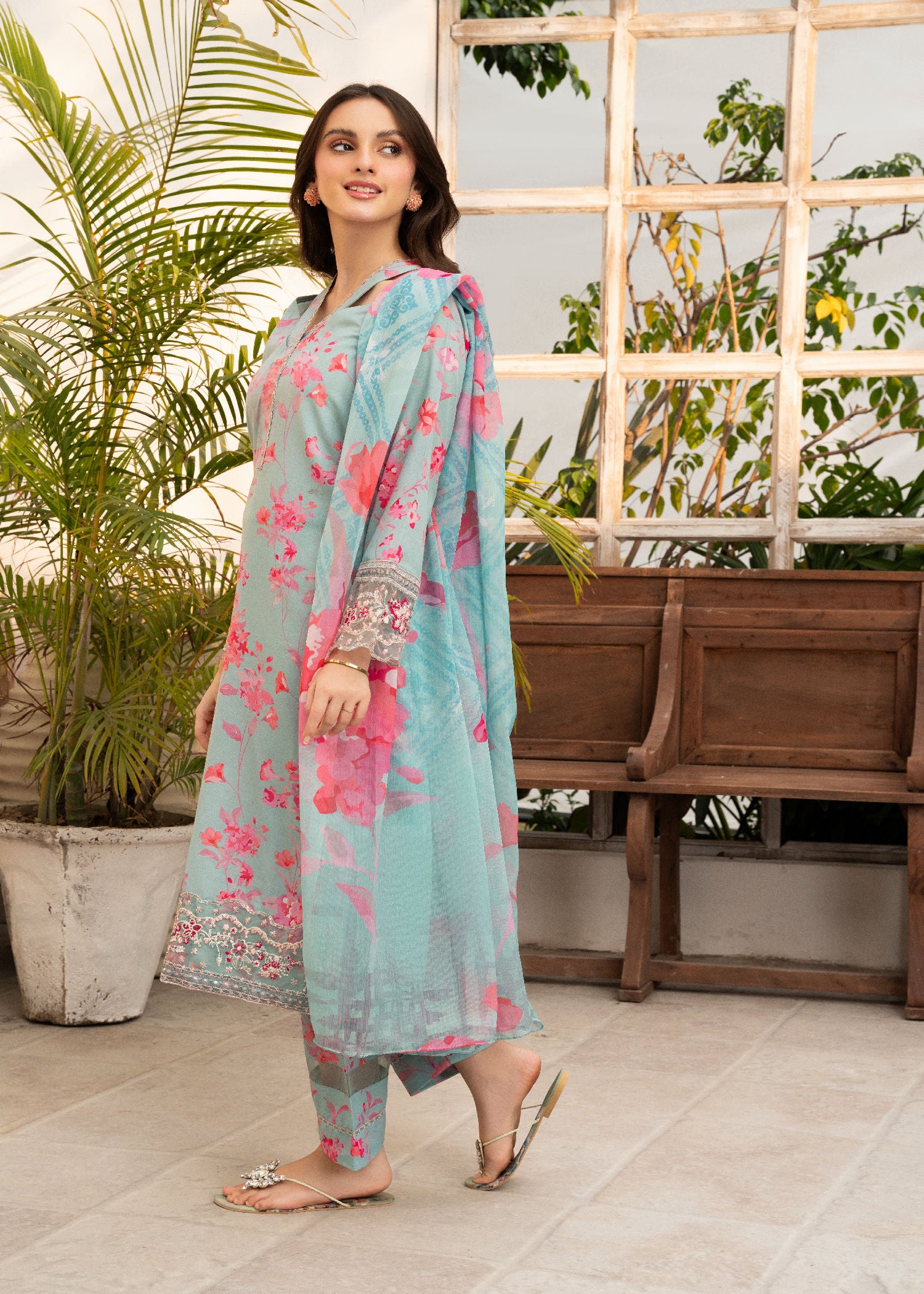 Sky Blue Embroidered Cotton Kurta Set (3-Piece) - Image 2