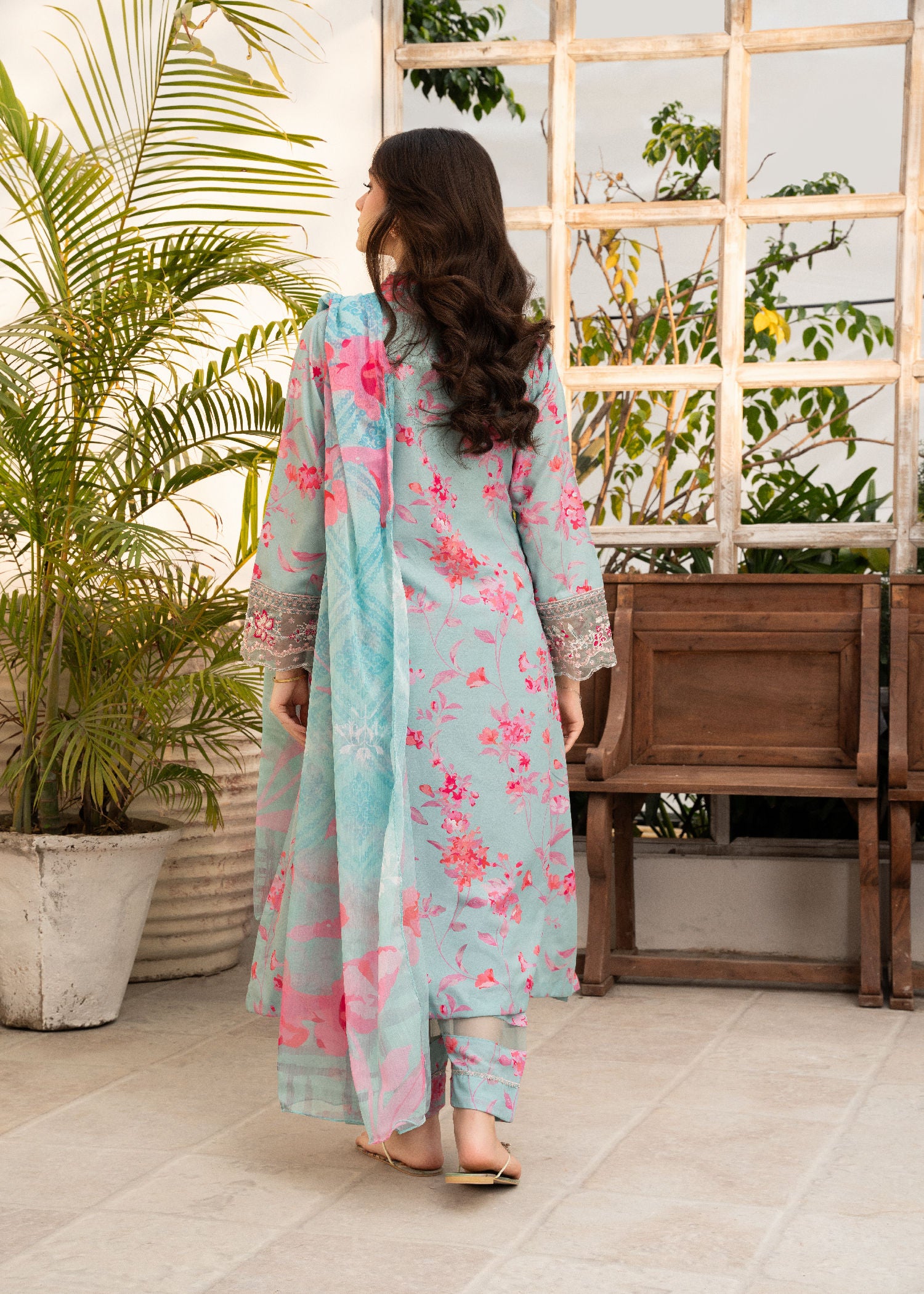 Sky Blue Embroidered Cotton Kurta Set (3-Piece) - Image 3