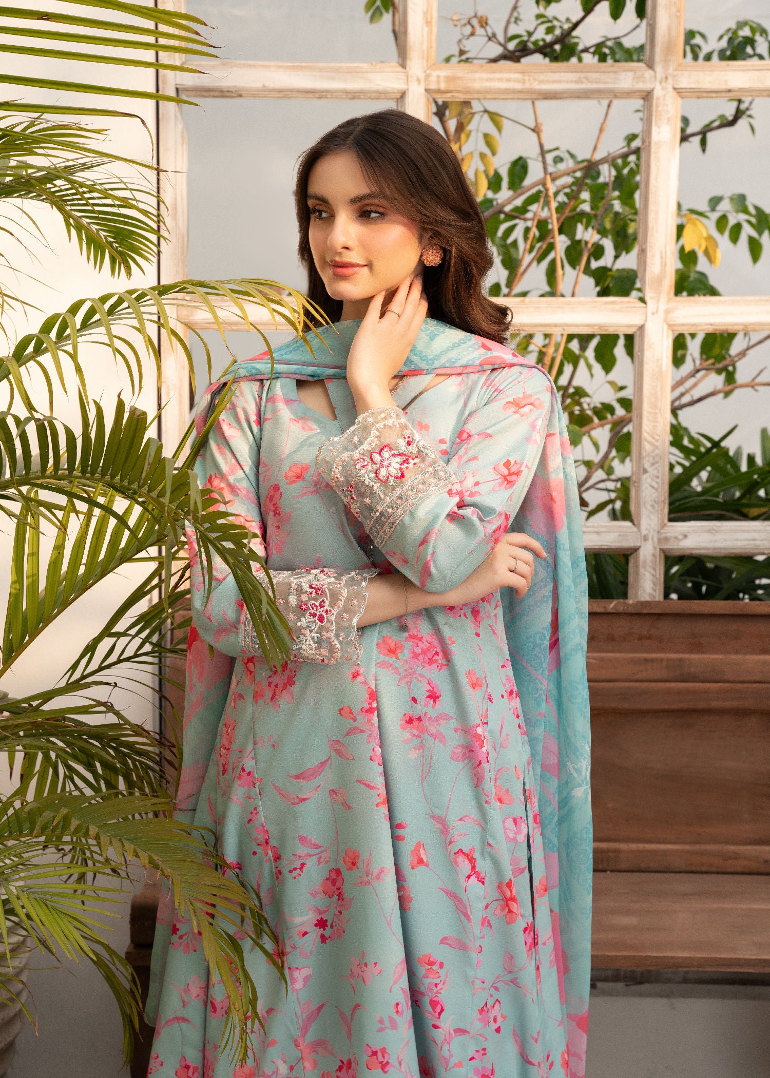 Sky Blue Embroidered Cotton Kurta Set (3-Piece) - Image 4