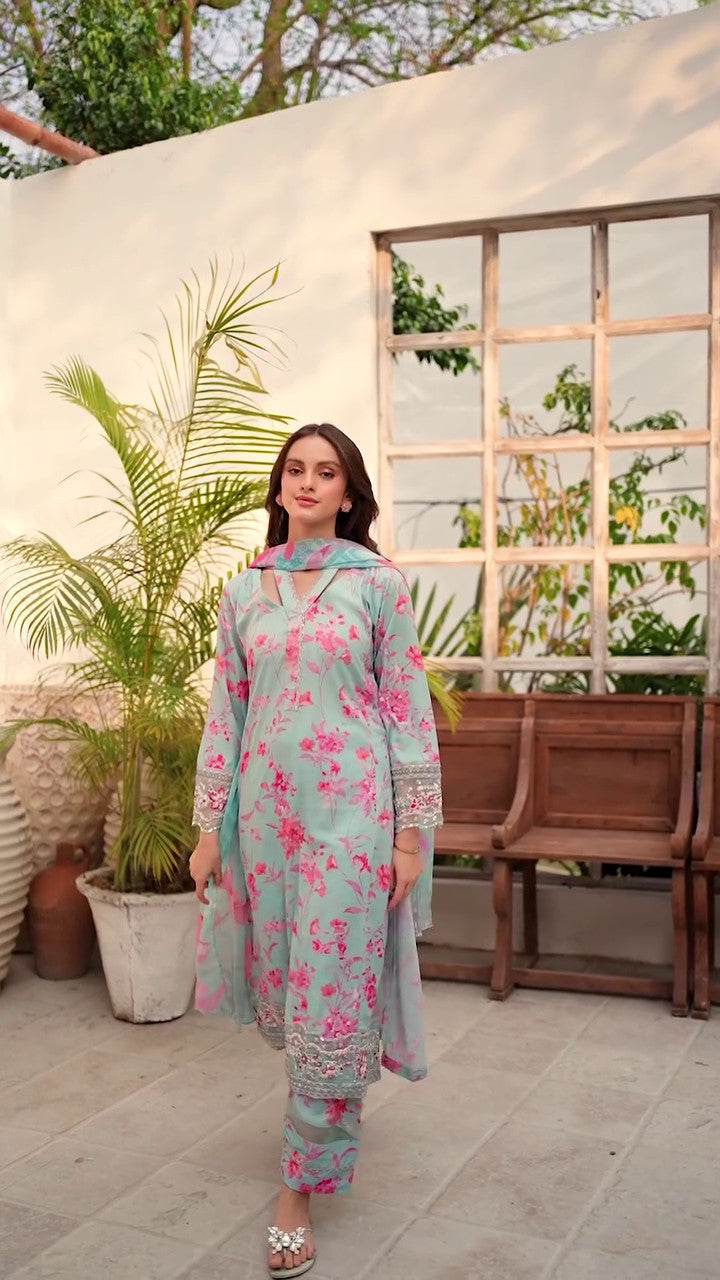 Sky Blue Embroidered Cotton Kurta Set (3-Piece) - Image 6