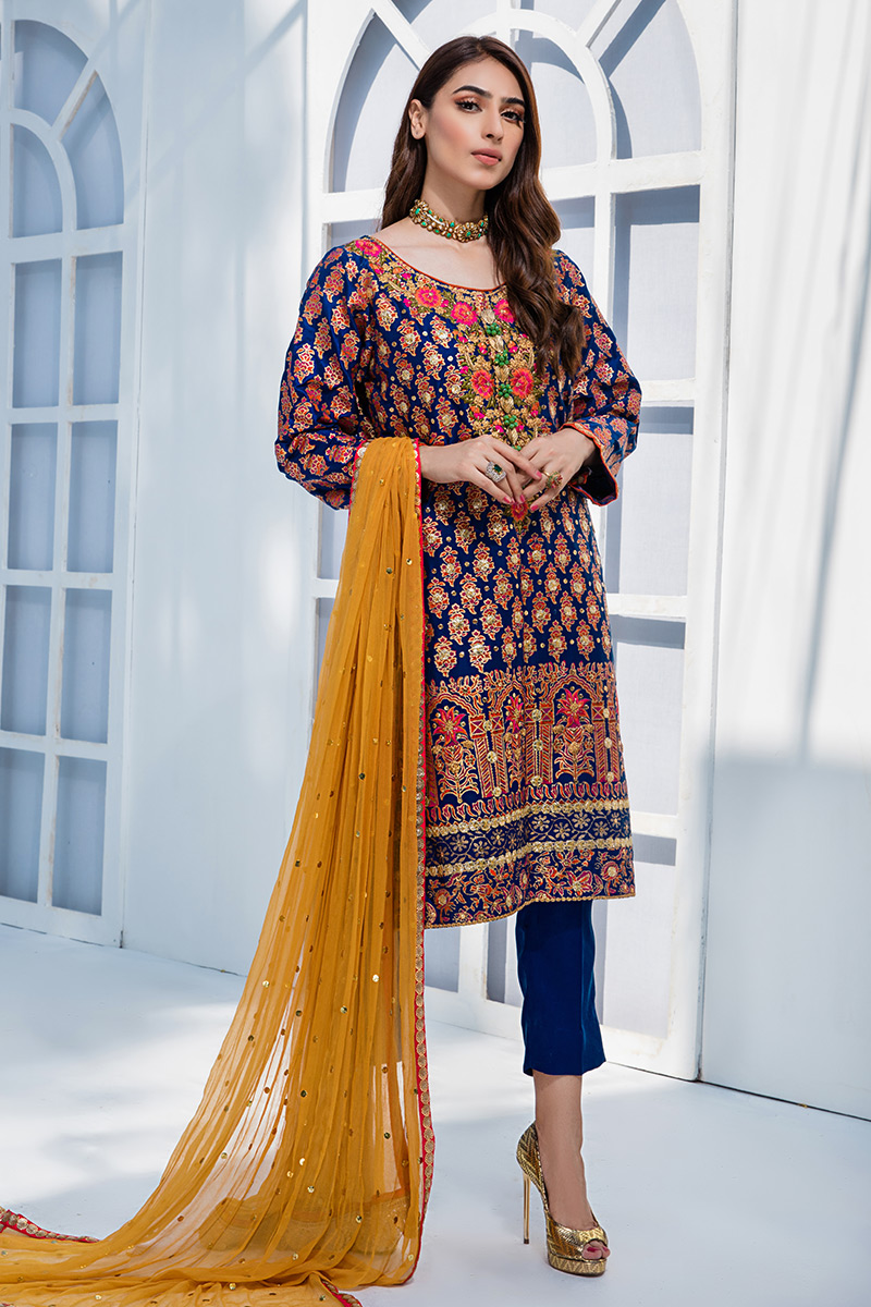 Pakistani Blue Block-Printed Cotton Salwar Kameez (3-Piece) - Image 1