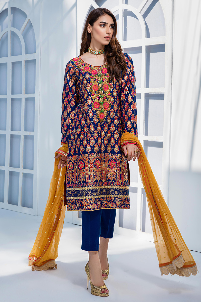 Pakistani Blue Block-Printed Cotton Salwar Kameez (3-Piece) - Image 4