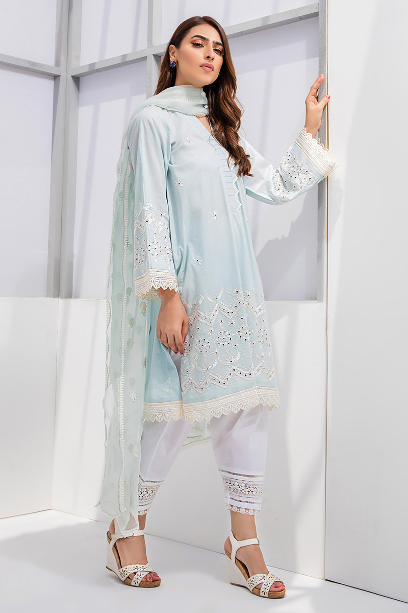 Starlight Blue Hand-Embroidered Cotton Salwar Kameez (3-Piece) - Image 1