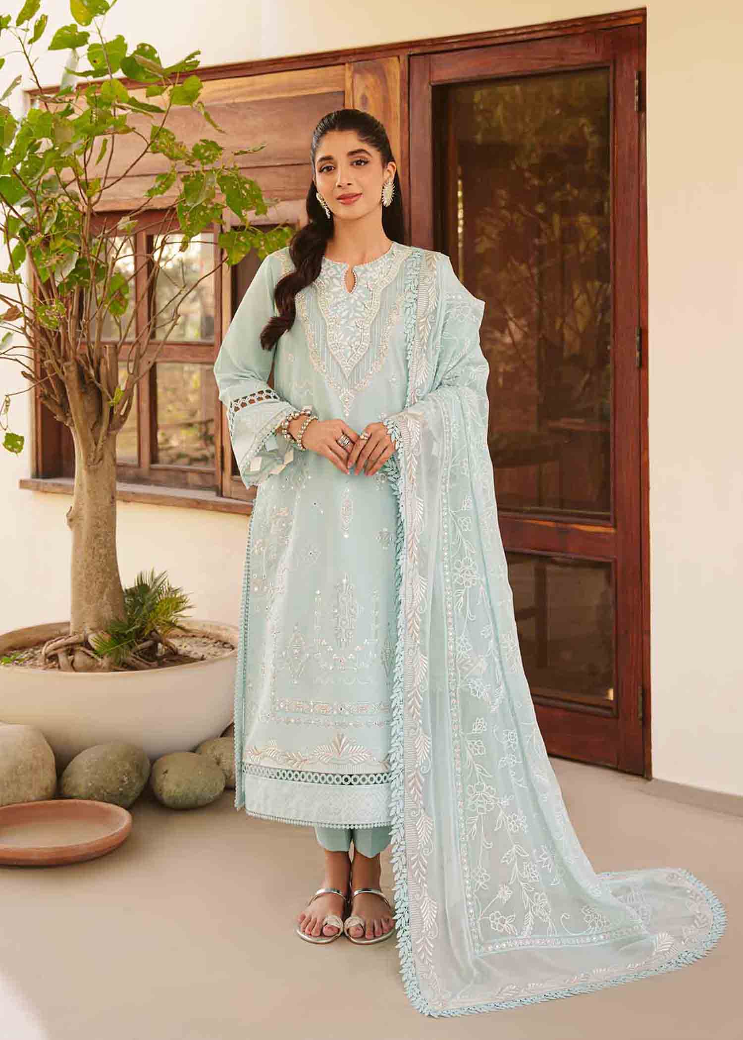 Sublime Blue Embroidered Cotton Lawn Salwar Kameez (3-Piece) - Image 1