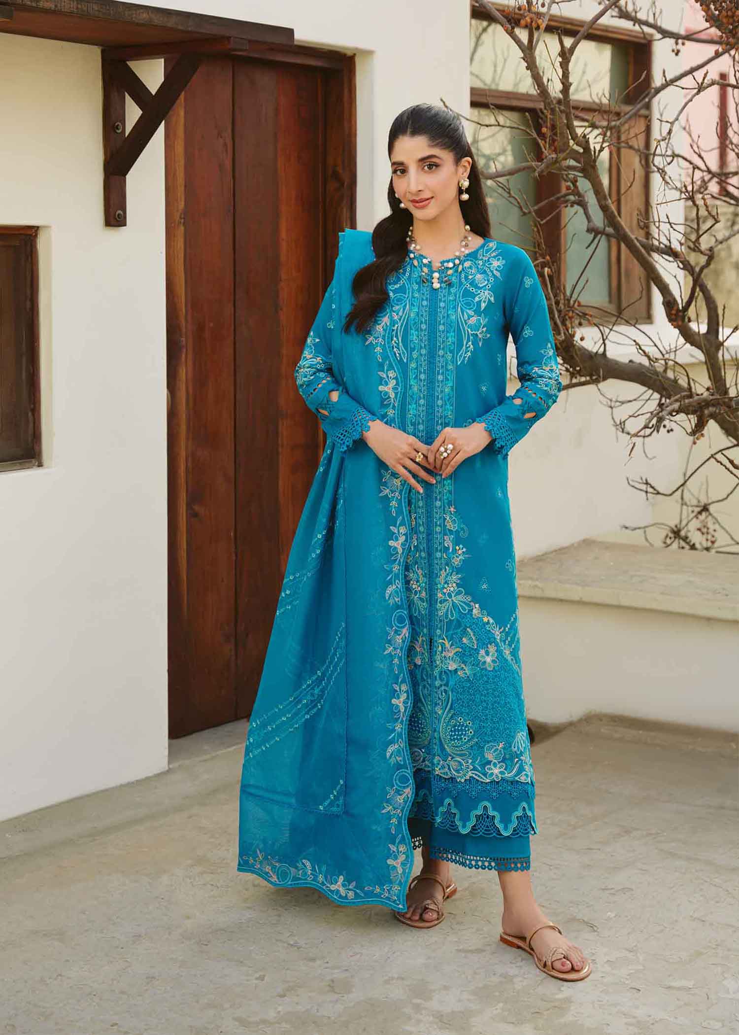 Pakistani Turquoise Embroidered Cotton Lawn Schiffli Salwar Kameez (3-Piece) - Image 1