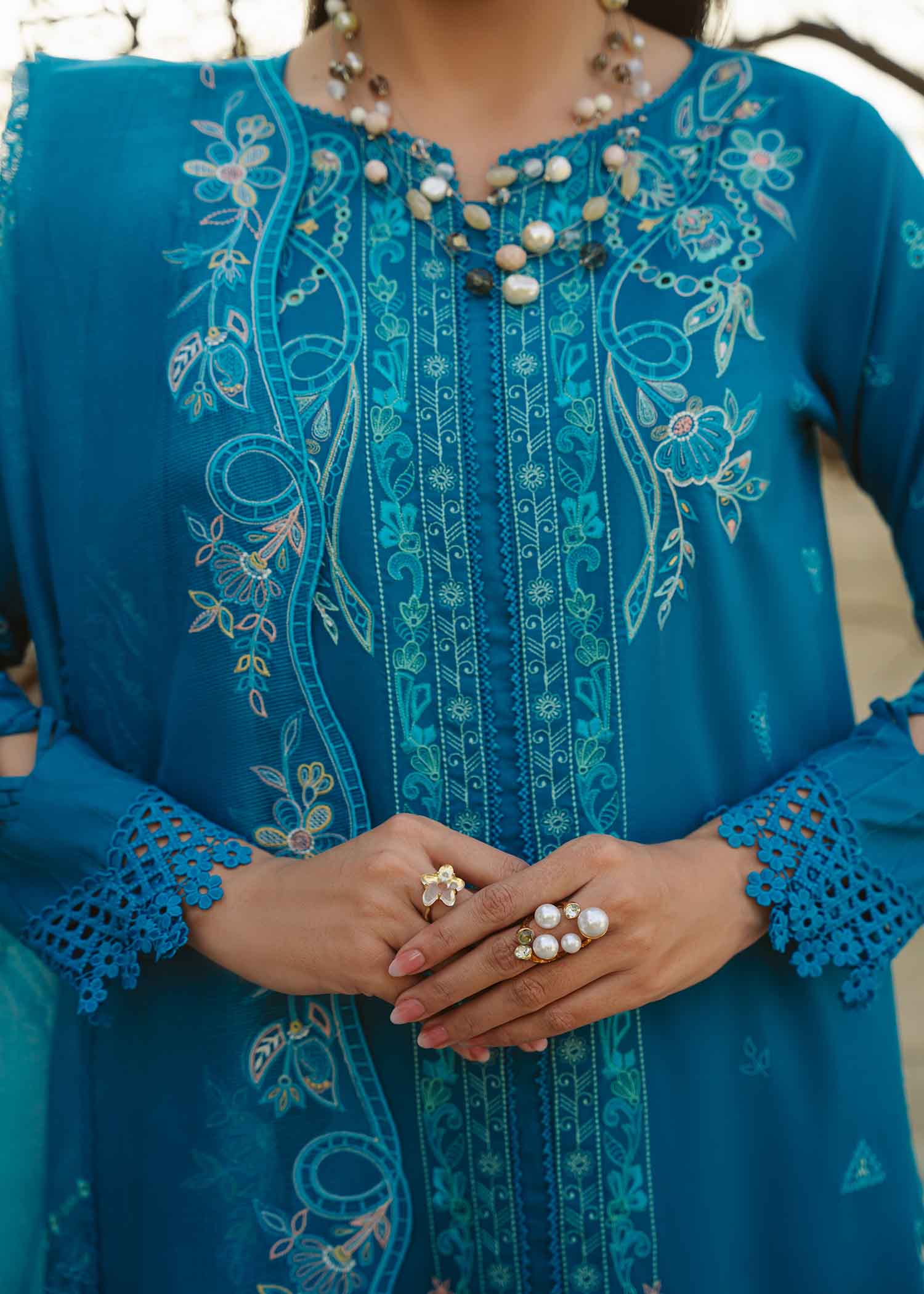 Pakistani Turquoise Embroidered Cotton Lawn Schiffli Salwar Kameez (3-Piece) - Image 2