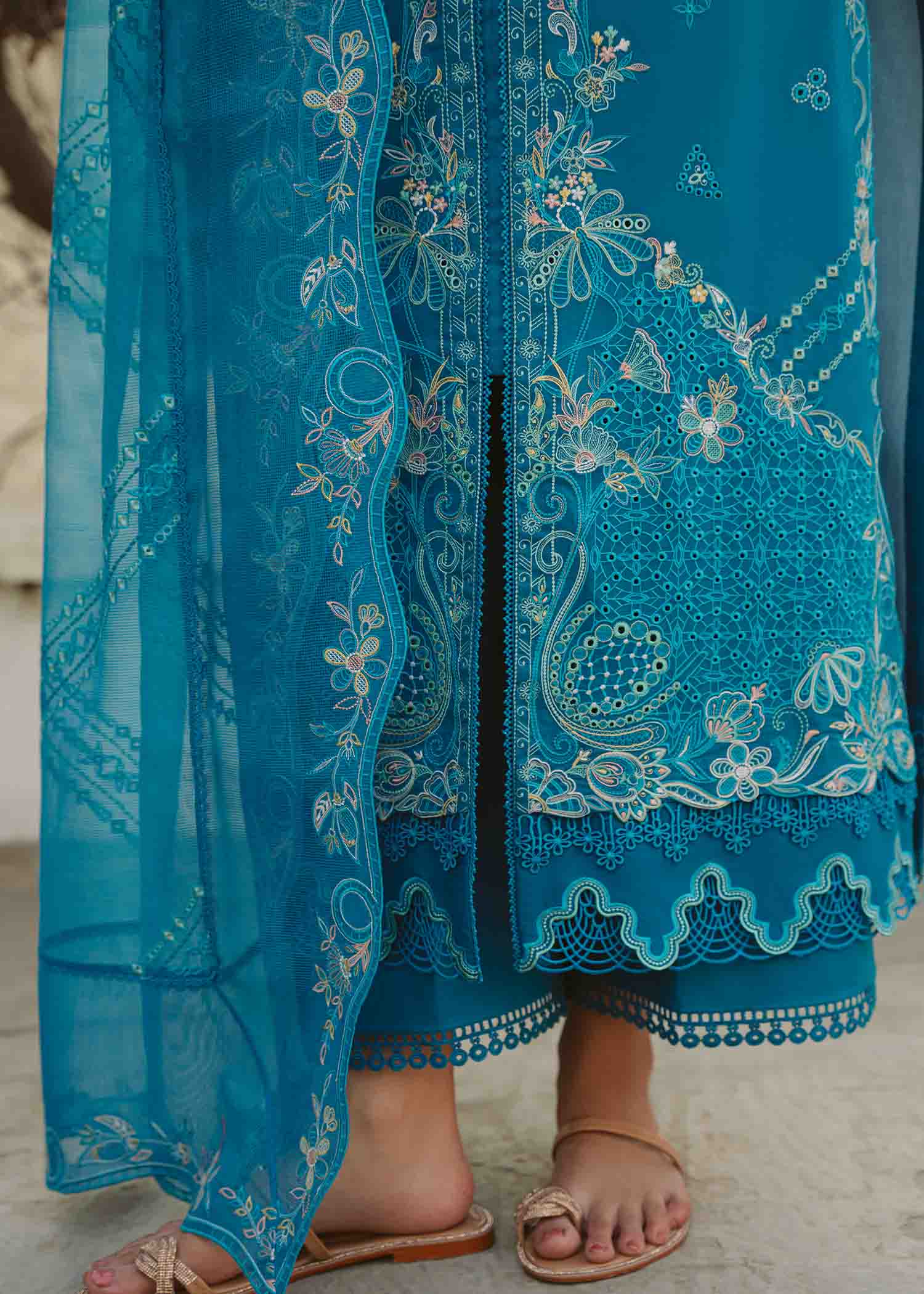 Pakistani Turquoise Embroidered Cotton Lawn Schiffli Salwar Kameez (3-Piece) - Image 3