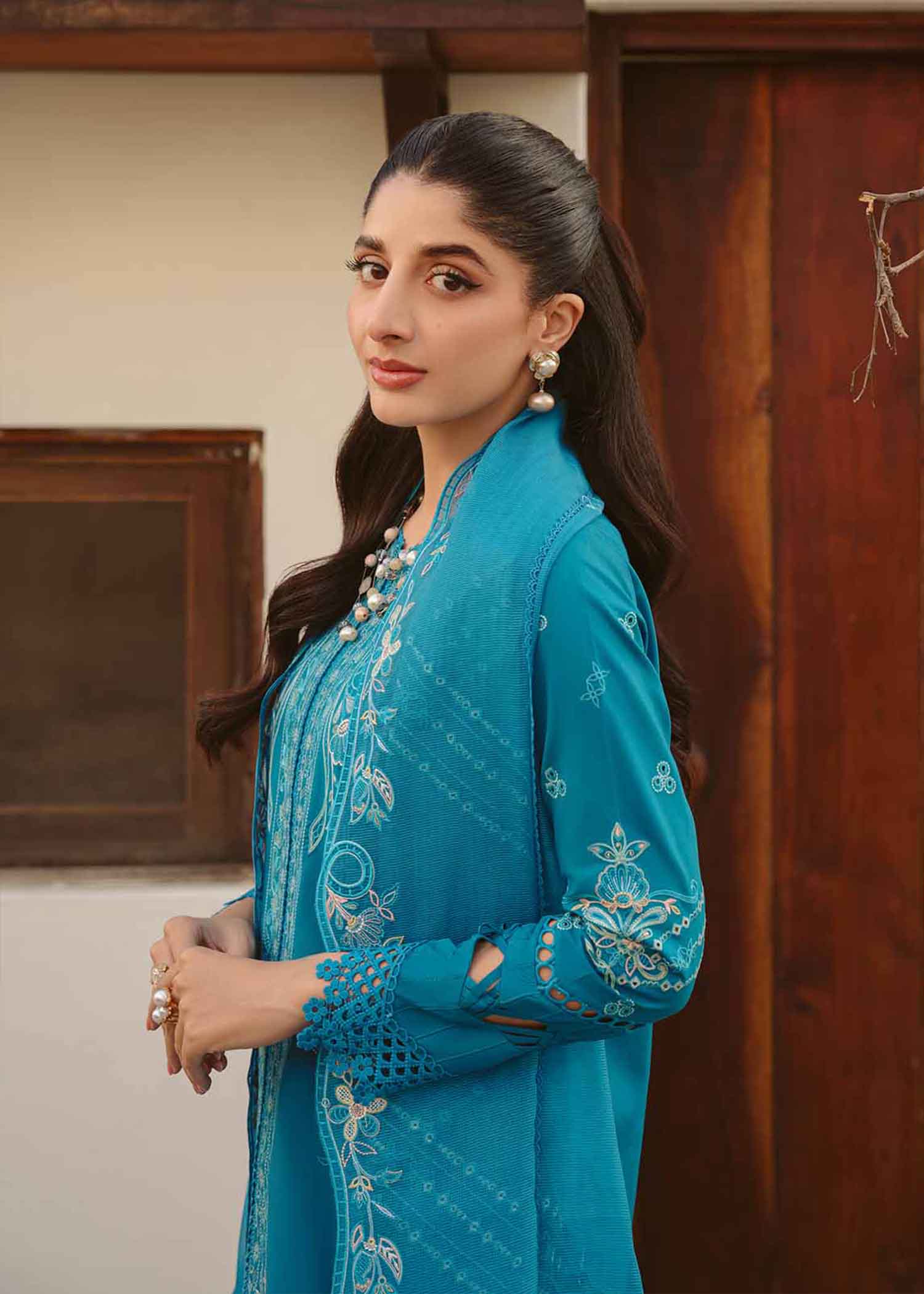 Pakistani Turquoise Embroidered Cotton Lawn Schiffli Salwar Kameez (3-Piece) - Image 4