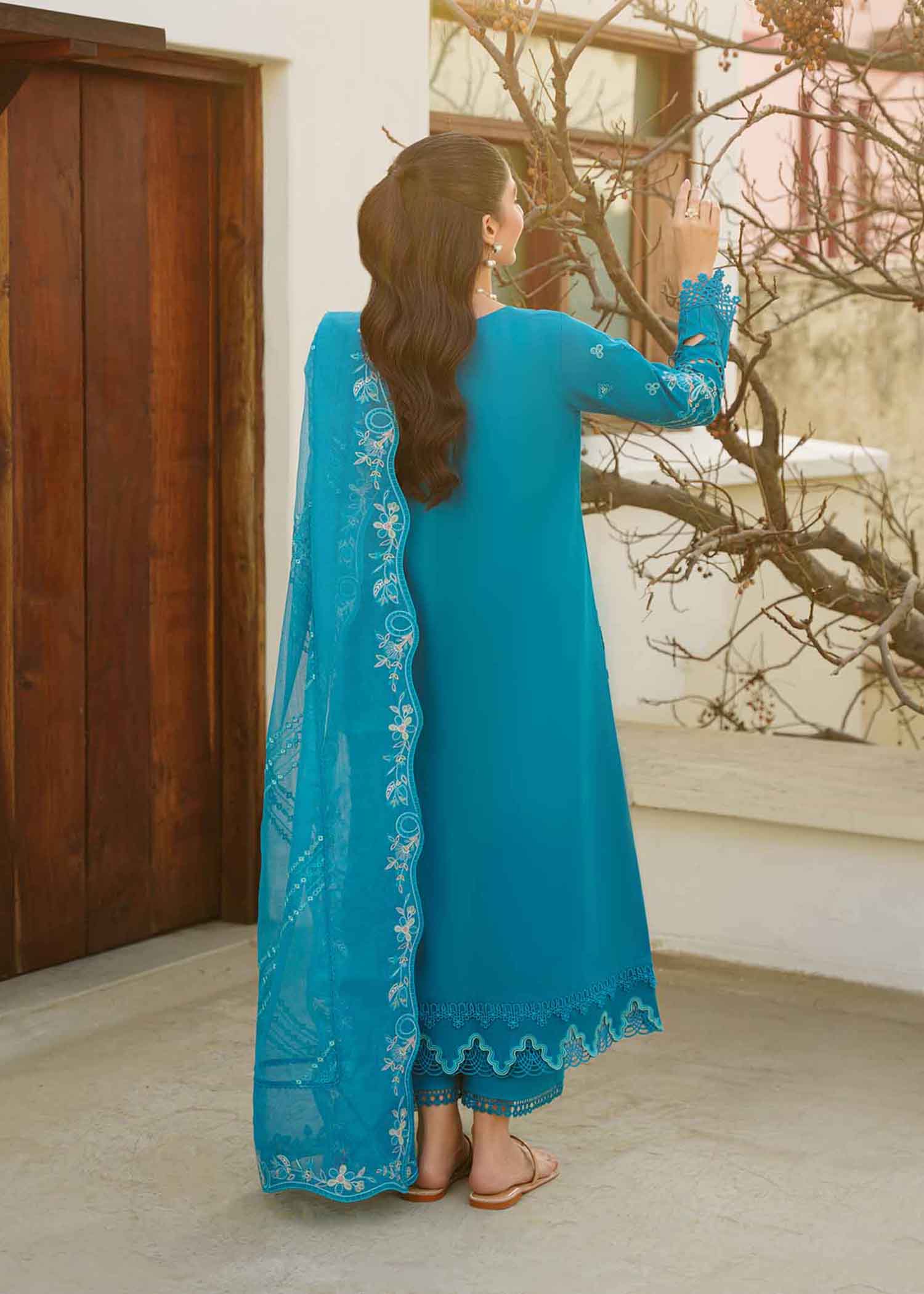 Pakistani Turquoise Embroidered Cotton Lawn Schiffli Salwar Kameez (3-Piece) - Image 5