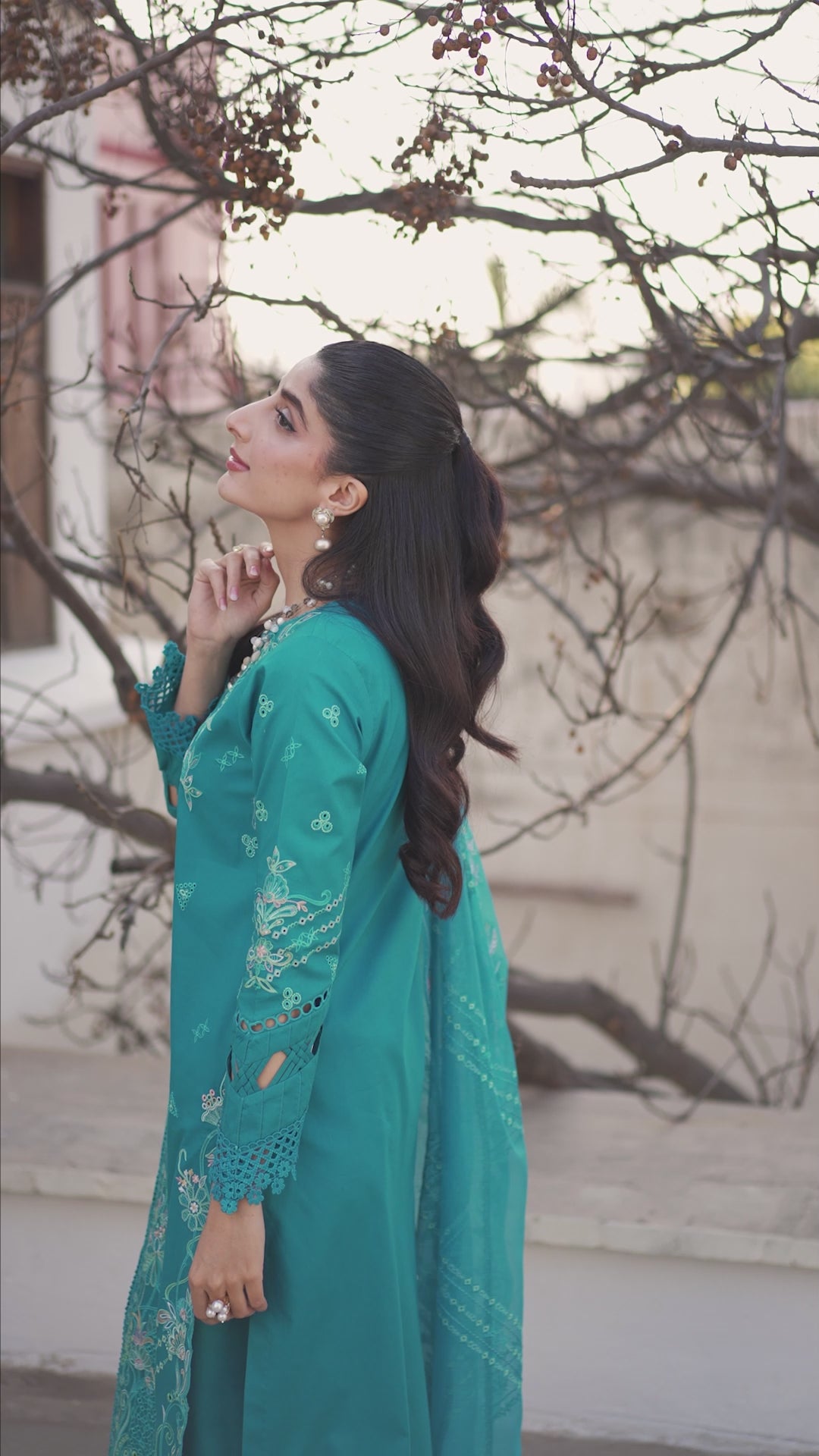 Pakistani Turquoise Embroidered Cotton Lawn Schiffli Salwar Kameez (3-Piece) - Image 6