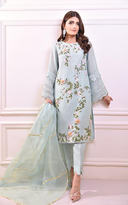 Azure Blue 3D Floral Cotton Net Salwar Kameez (3-Piece) - Image 1