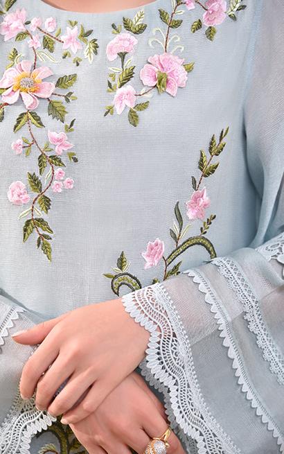 Azure Blue 3D Floral Cotton Net Salwar Kameez (3-Piece) - Image 2