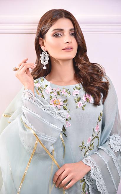 Azure Blue 3D Floral Cotton Net Salwar Kameez (3-Piece) - Image 3