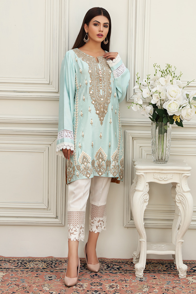 Aqua Anchor Embroidered Cotton Net Salwar Kameez (2-Piece) - Image 1