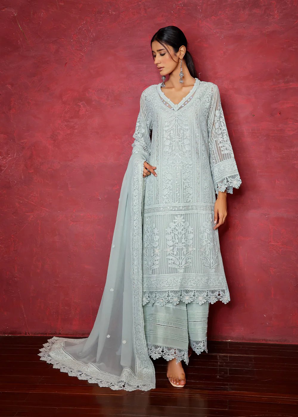 Aqua Chikan Embroidered Cotton Net Salwar Kameez (3-Piece) - Image 2
