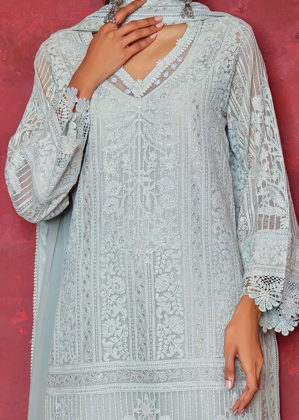 Aqua Chikan Embroidered Cotton Net Salwar Kameez (3-Piece) - Image 3