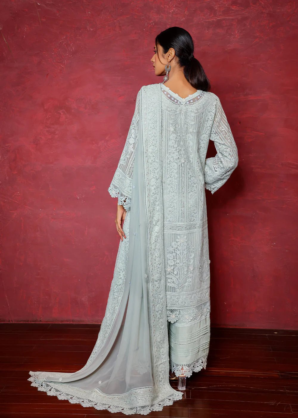 Aqua Chikan Embroidered Cotton Net Salwar Kameez (3-Piece) - Image 4