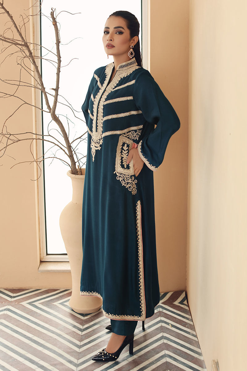 Deep Blue Doriwork Cotton Net Salwar Kameez (2-Piece) - Image 1