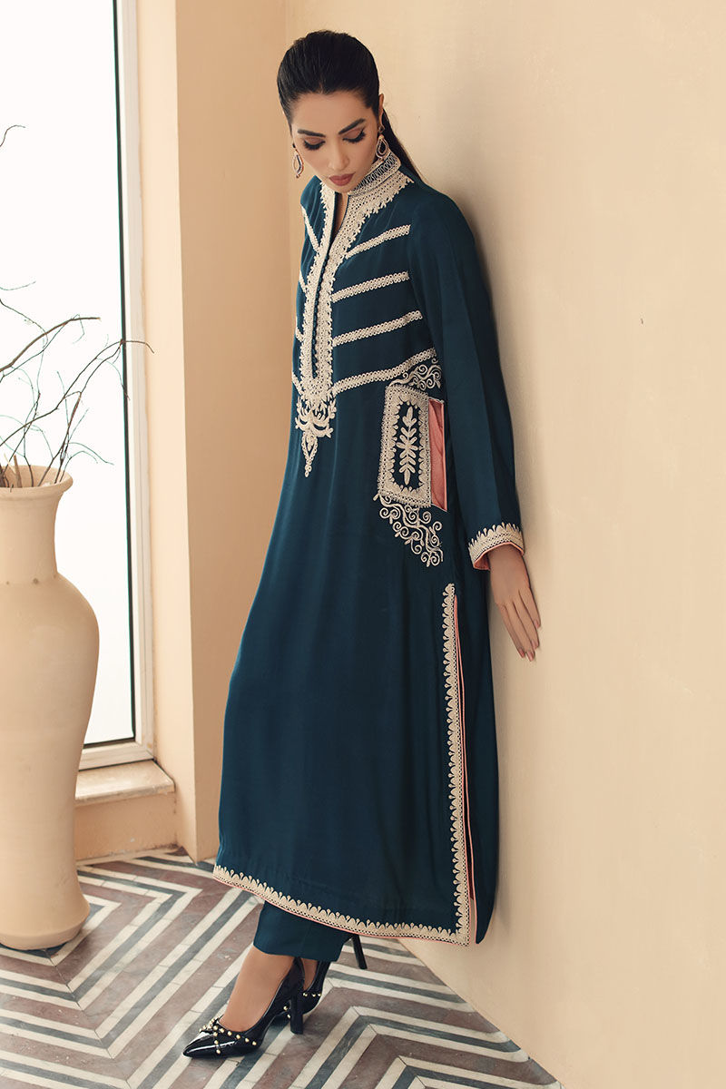 Deep Blue Doriwork Cotton Net Salwar Kameez (2-Piece) - Image 2