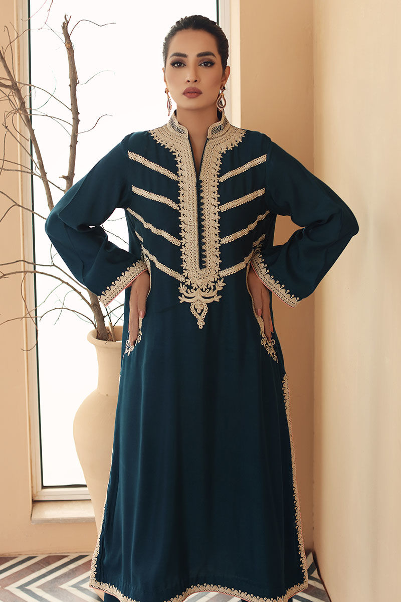 Deep Blue Doriwork Cotton Net Salwar Kameez (2-Piece) - Image 3