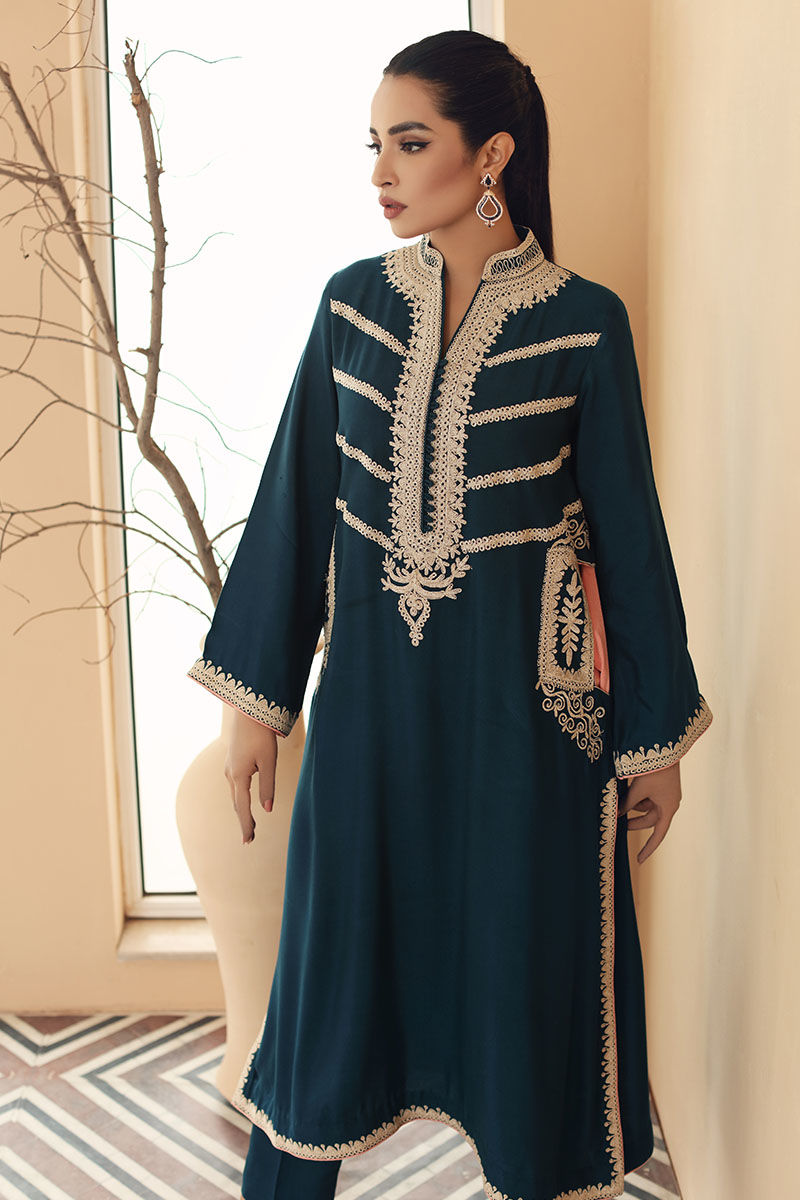 Deep Blue Doriwork Cotton Net Salwar Kameez (2-Piece) - Image 4