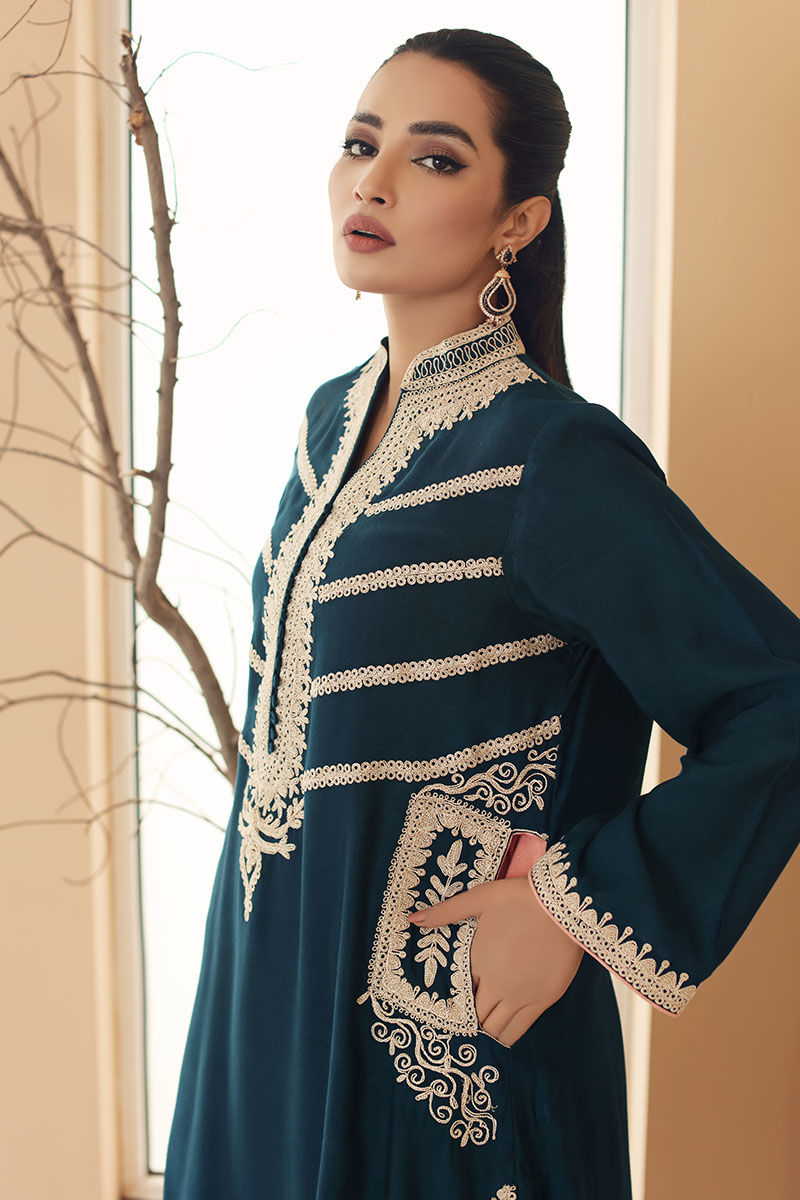 Deep Blue Doriwork Cotton Net Salwar Kameez (2-Piece) - Image 5