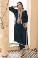 Teal-Blue Doriwork Cotton Net Kurta (2-Piece) - Image 3