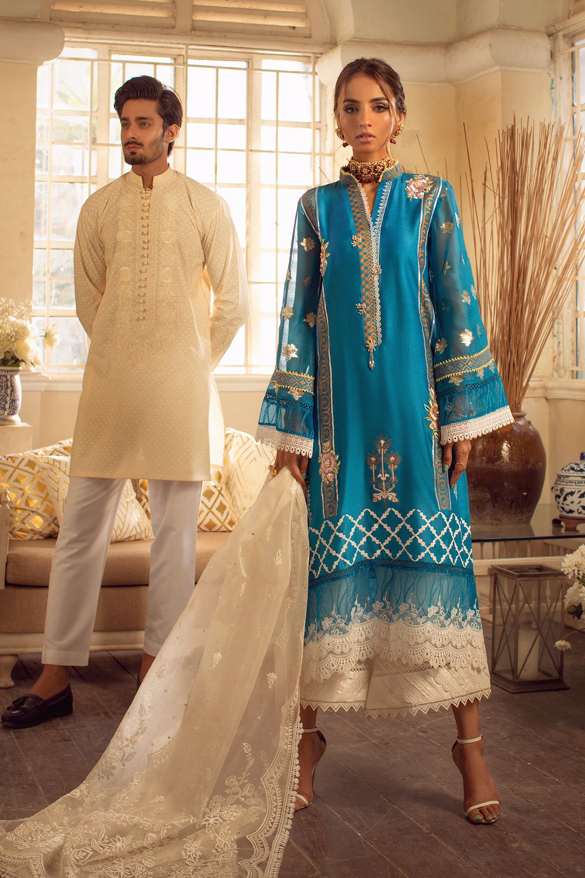 Cobalt Blue Embroidered Cotton Net Salwar Kameez (3-Piece) - Image 11