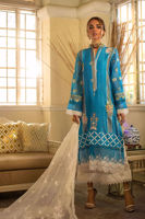Cobalt Blue Embroidered Cotton Net Salwar Kameez (3-Piece) - Image 2