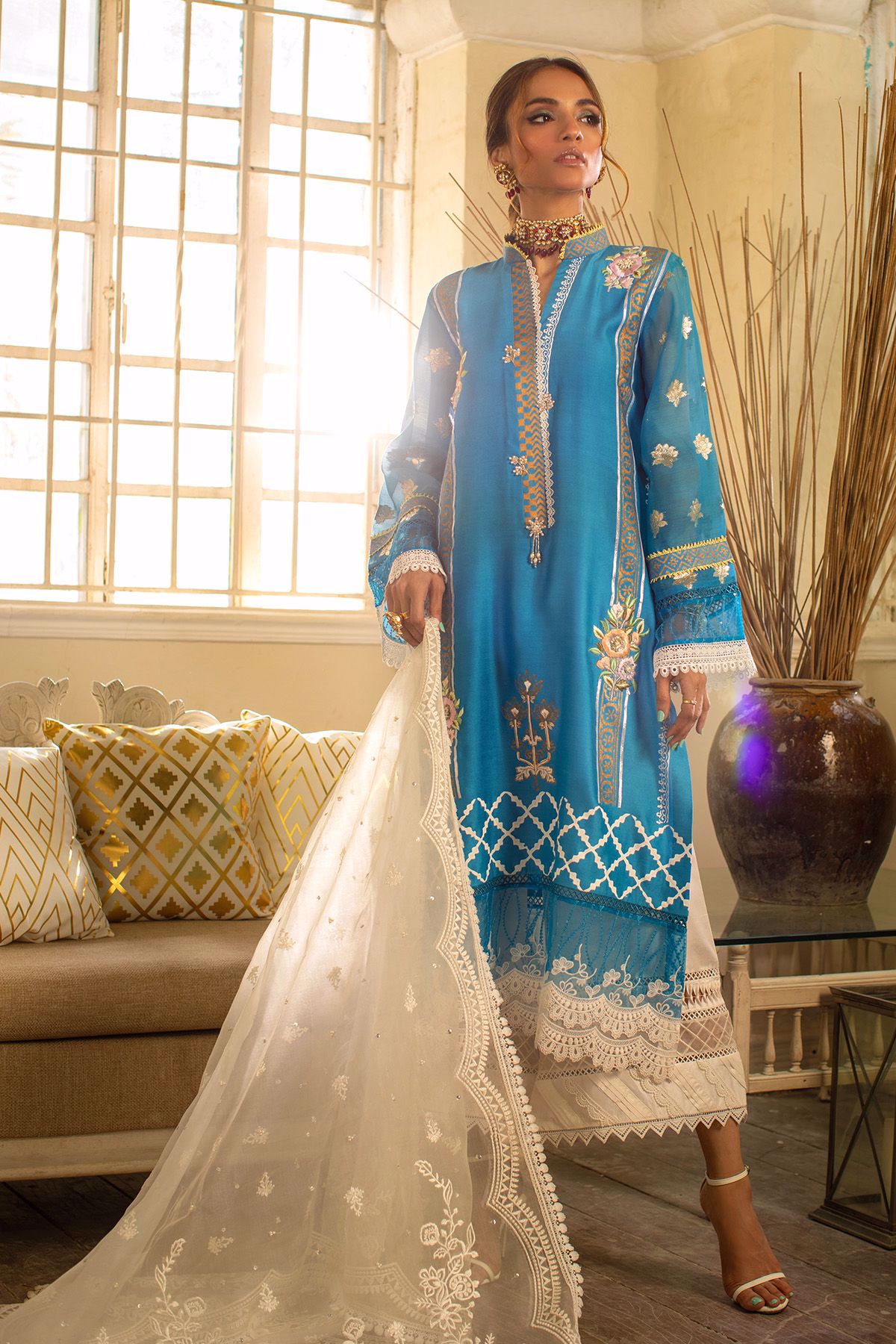 Cobalt Blue Embroidered Cotton Net Salwar Kameez (3-Piece) - Image 8