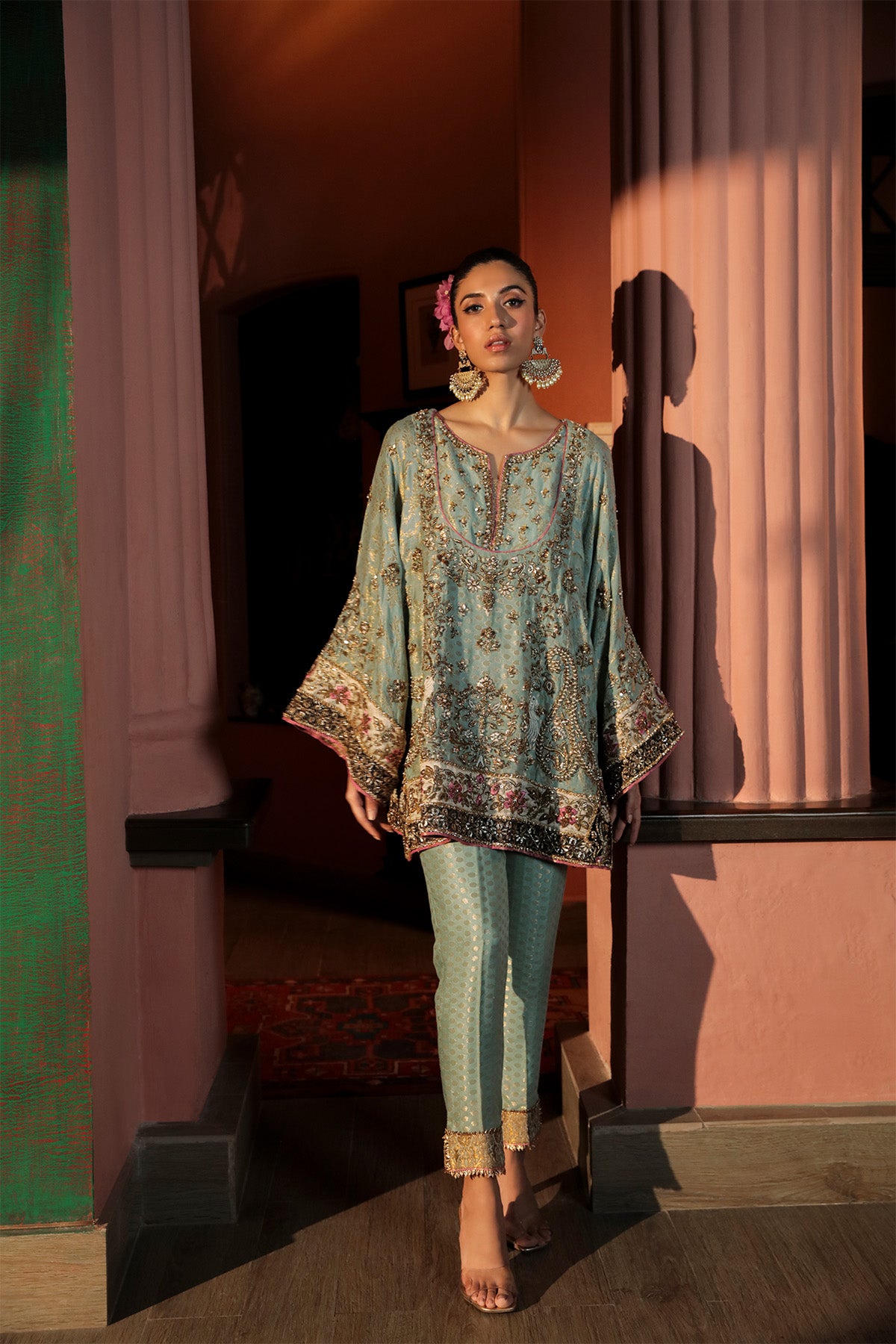 Pakistani Sea Blue Embroidered Cotton Net Jamawar Salwar Kameez (2-Piece) - Image 1
