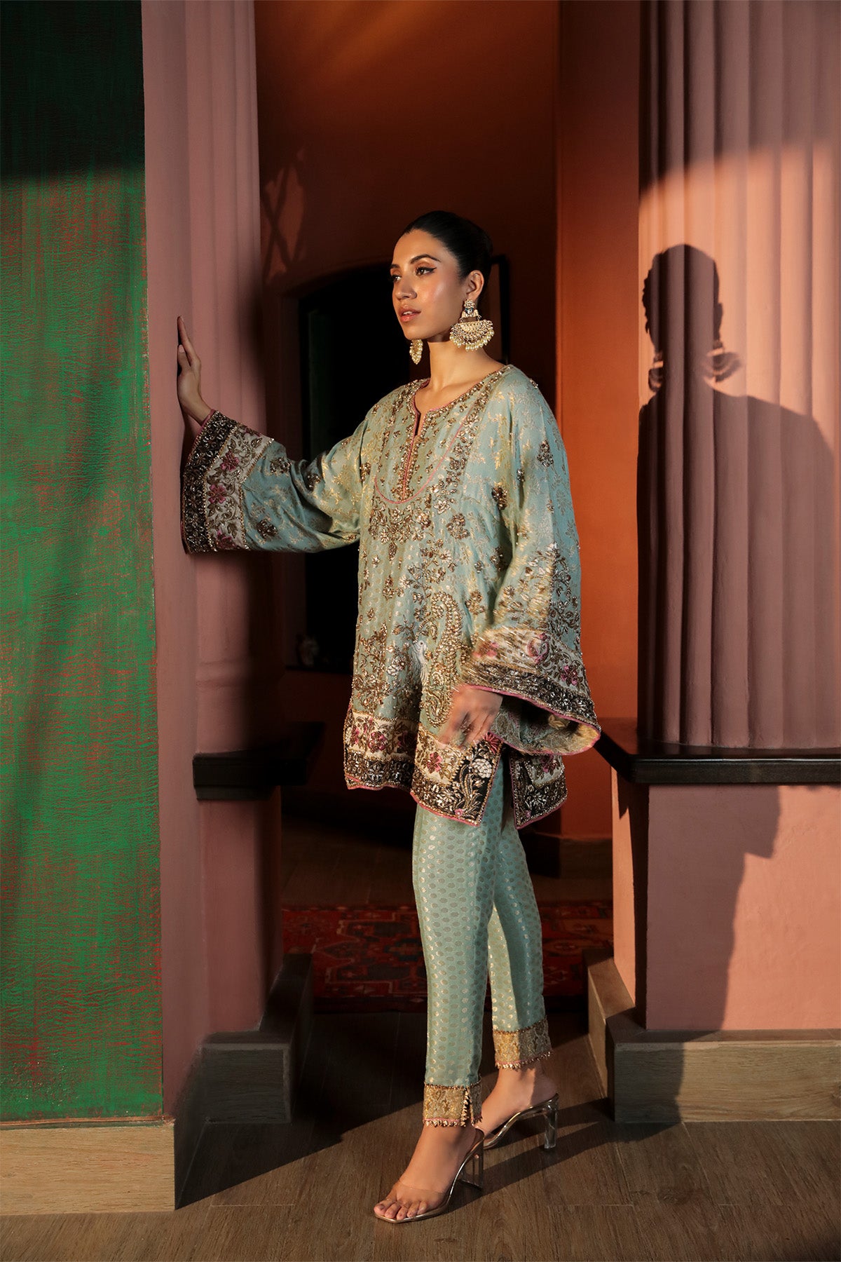 Pakistani Sea Blue Embroidered Cotton Net Jamawar Salwar Kameez (2-Piece) - Image 2