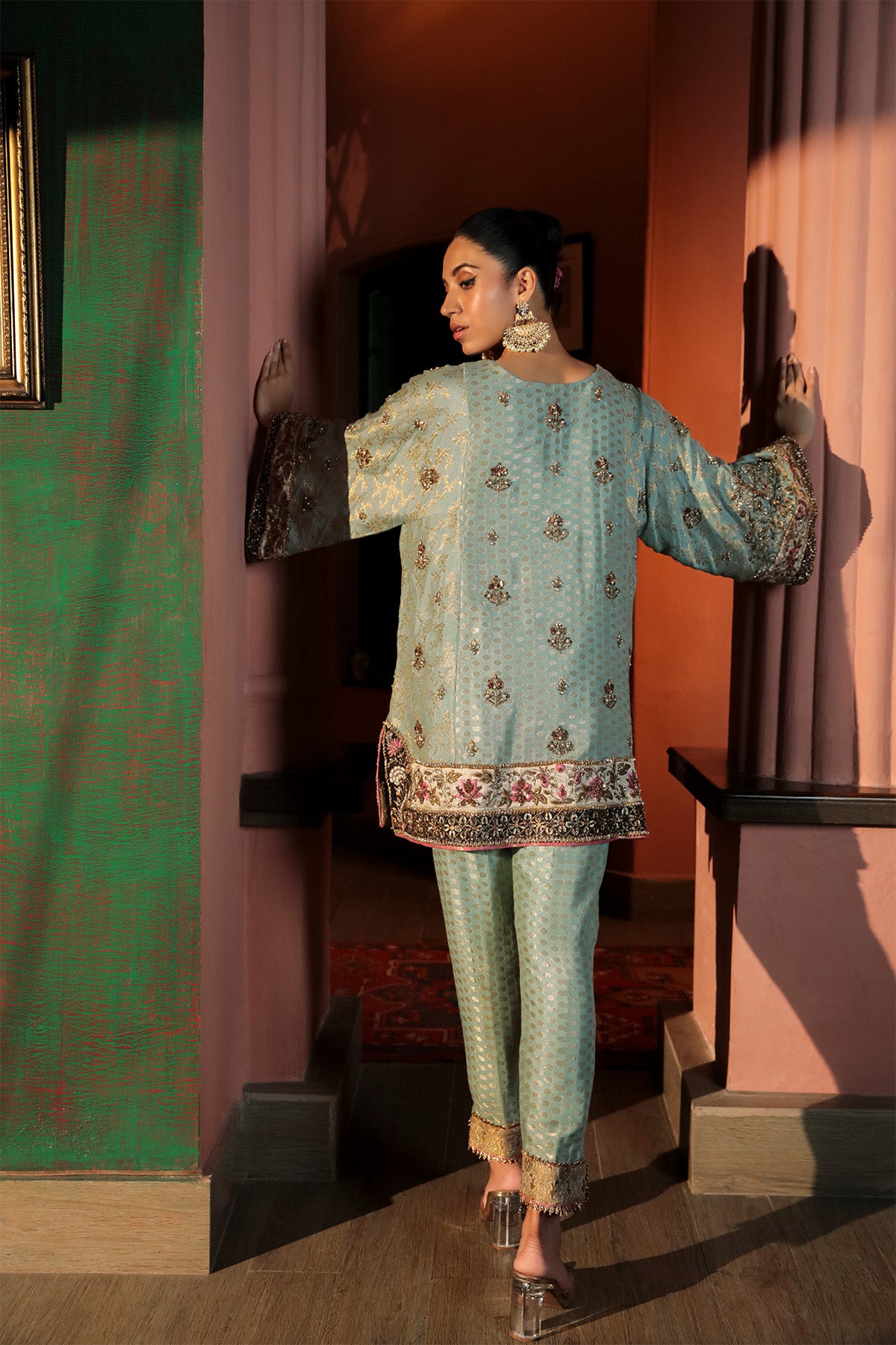 Pakistani Sea Blue Embroidered Cotton Net Jamawar Salwar Kameez (2-Piece) - Image 3
