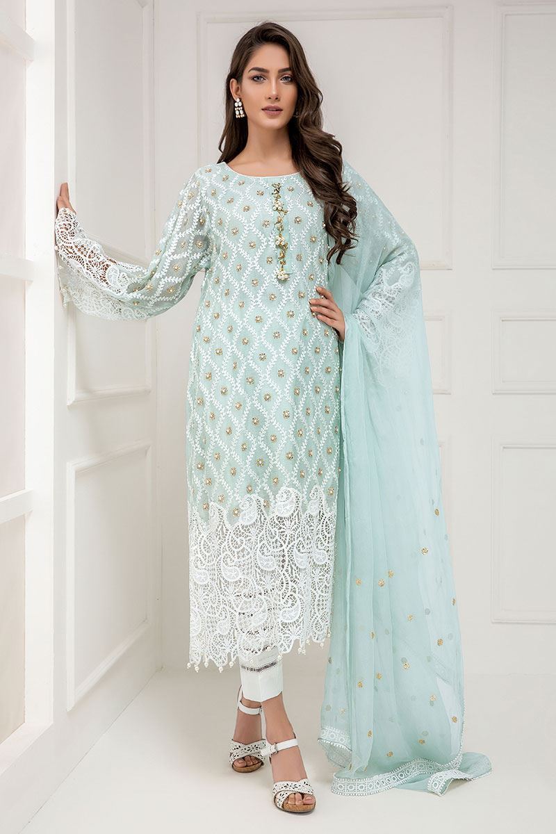 Pakistani Aqua Blue Embroidered Cotton Net Salwar Kameez (3-Piece) - Image 1