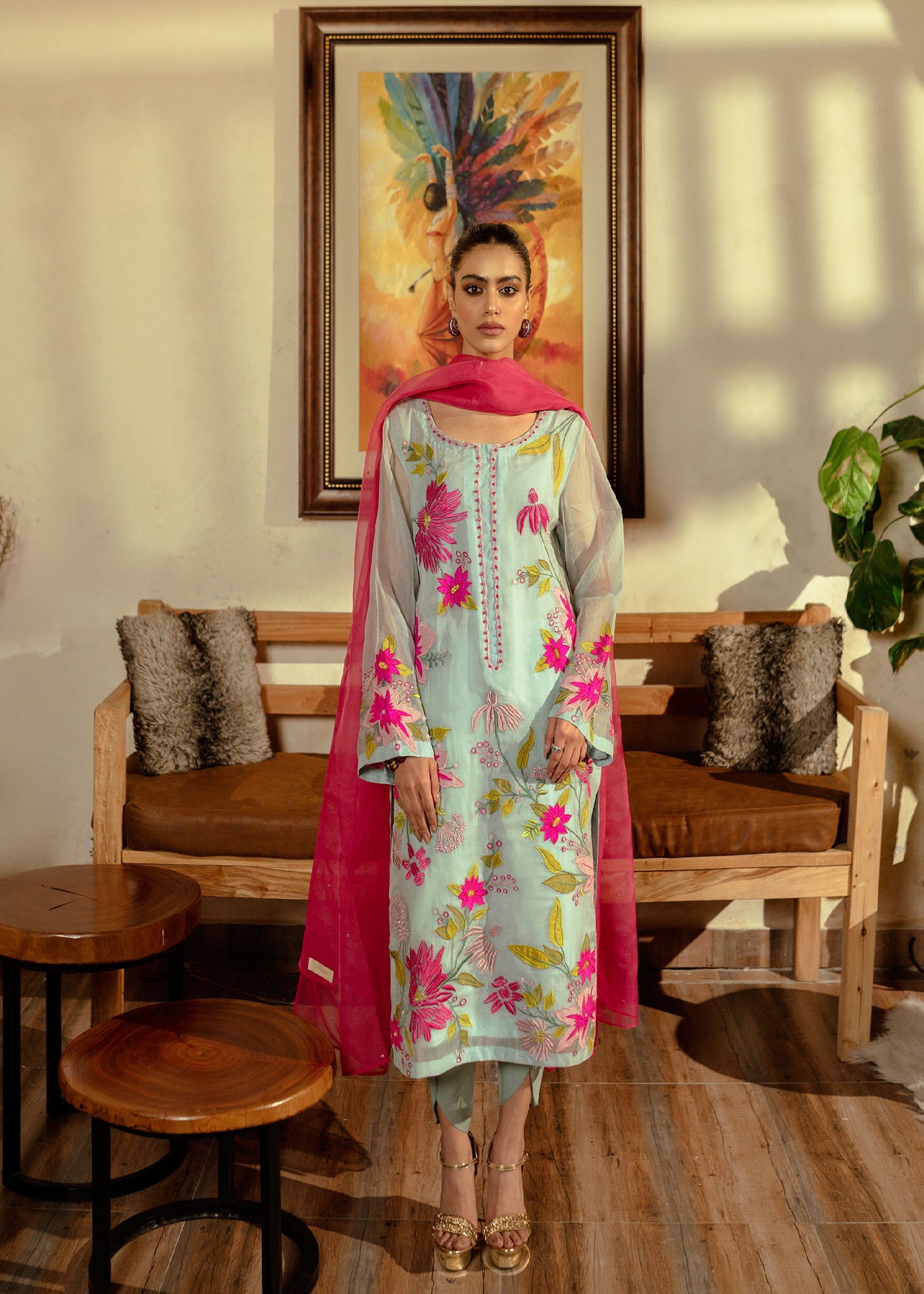 Pakistani Sky Blue Hand Embroidered Cotton Net Kurta Set (4-Piece) - Image 1
