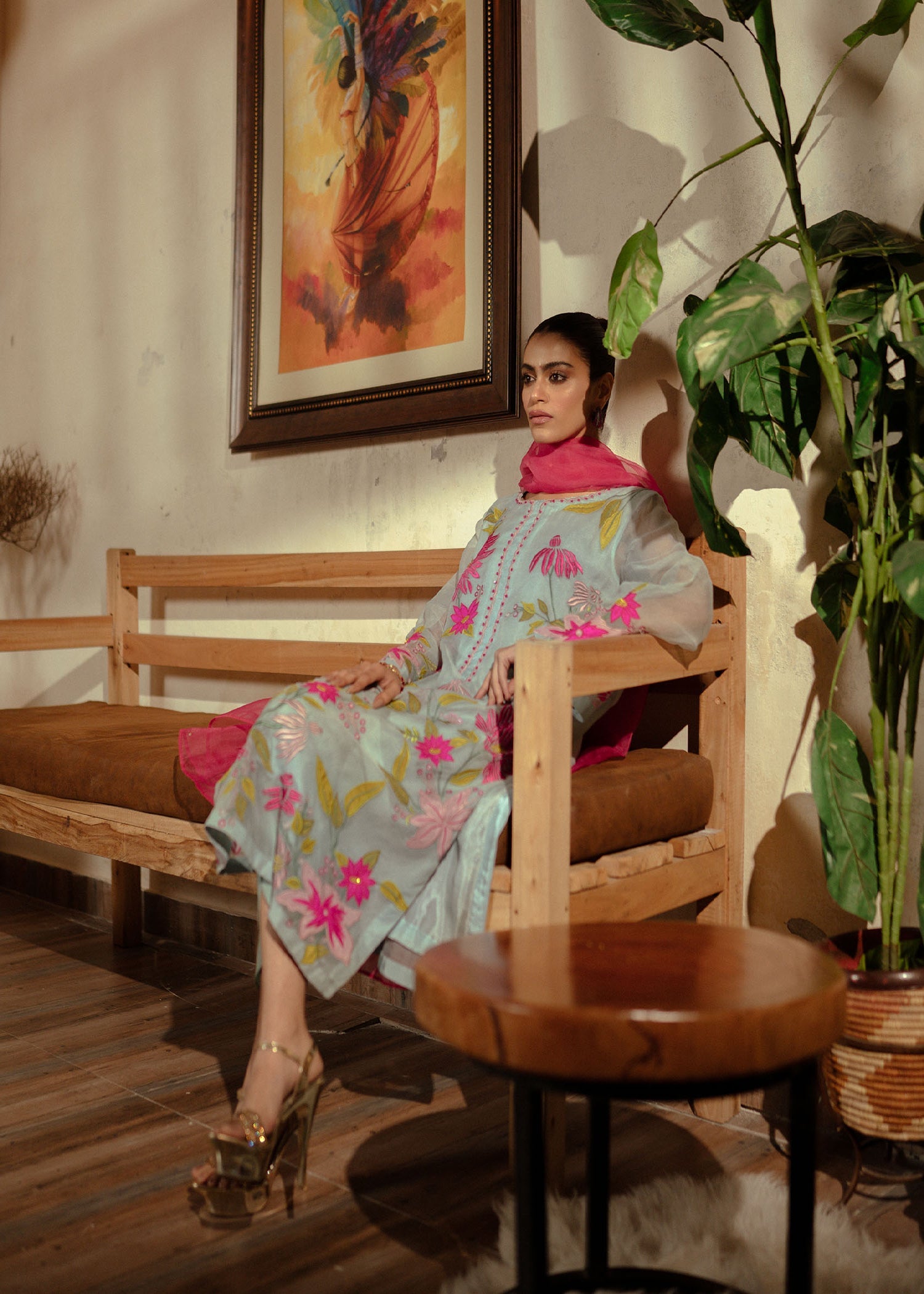 Pakistani Sky Blue Hand Embroidered Cotton Net Kurta Set (4-Piece) - Image 3