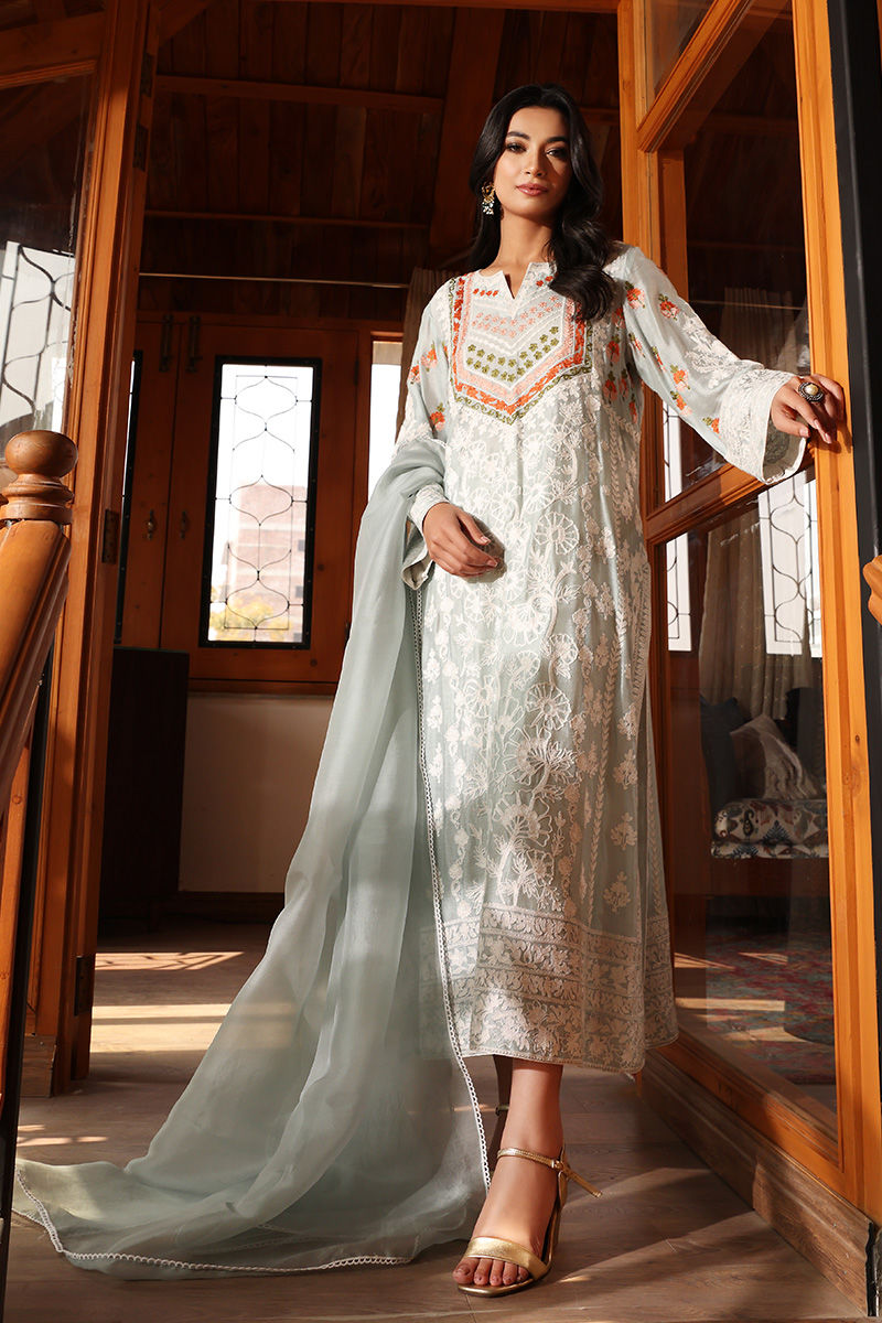 Pakistani Aqua Blue Embroidered Cotton Net Long Shirt (3-Piece) - Image 1