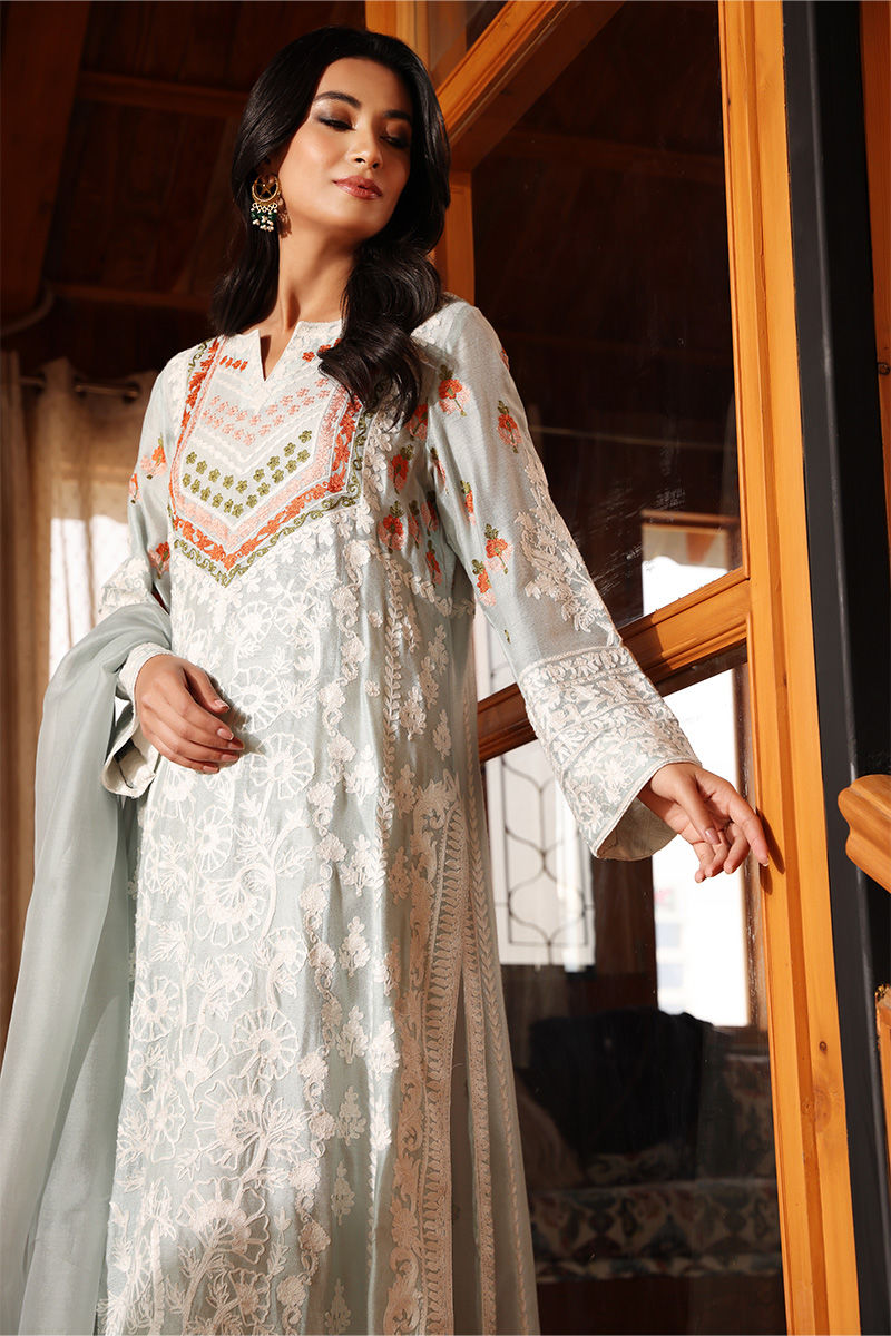Pakistani Aqua Blue Embroidered Cotton Net Long Shirt (3-Piece) - Image 2