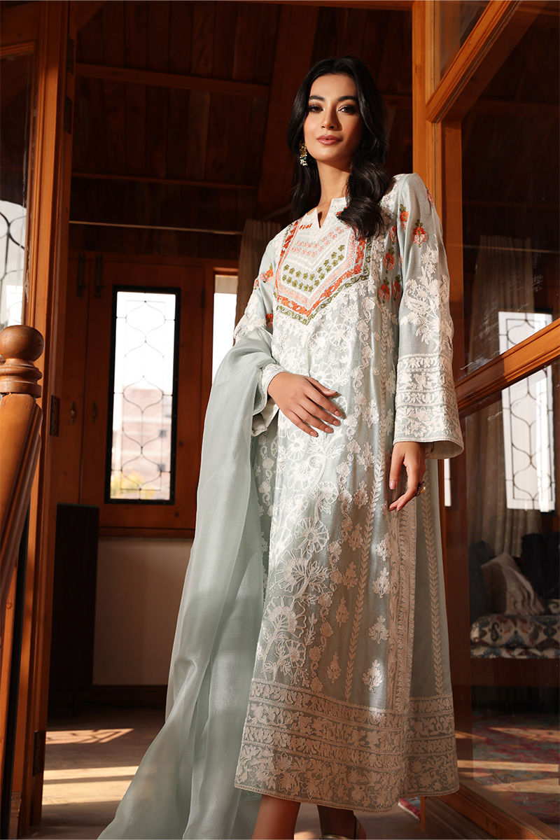 Pakistani Aqua Blue Embroidered Cotton Net Long Shirt (3-Piece) - Image 3