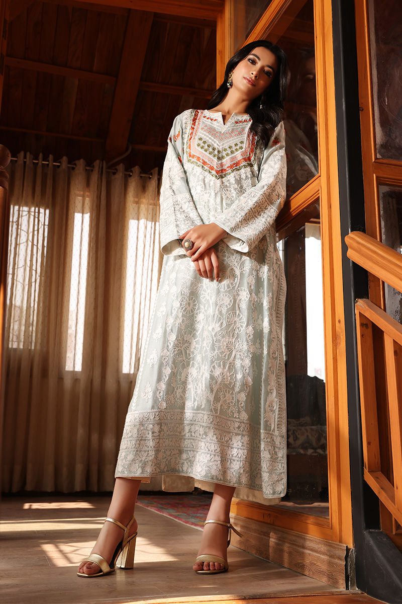 Pakistani Aqua Blue Embroidered Cotton Net Long Shirt (3-Piece) - Image 4